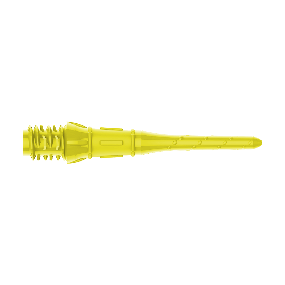 Premium Lippoints (30er Pack) - Spitzen Das Bild zeigt eine gelbe Dartspitze aus Kunststoff. Sie ist lang und hat eine strukturierte Oberfläche mit kleinen Noppen.