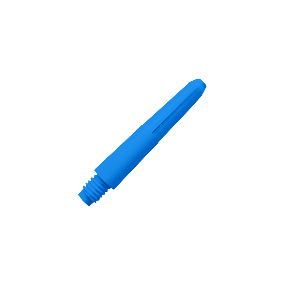 572_Nylon_Shafts_Blau_28mm_2 Das Bild zeigt einen blauen Nylon-Schaft. Er hat ein Gewinde an einem Ende und ist glatt und länglich geformt.