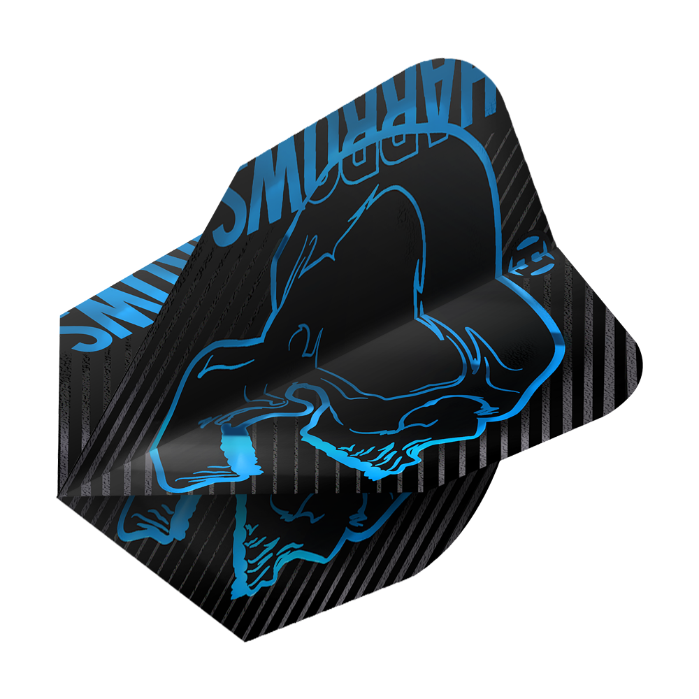 Harrows Rage Aqua No. 6 Flights Das Bild zeigt ein Dart-Flight des Modells "Harrows Rage Aqua No6". Das Flight ist schwarz mit einem blauen Motiv und Schriftzug gestaltet.