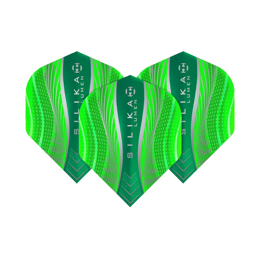 HR63_Harrows_Silika_Lumen_Green_No2_Standard_Flights_1VYF19BE5aETts Harrows Silika Lumen No2 Standard Flights mit feinem grafischem Muster. Die Flights sind gestaffelt dargestellt.