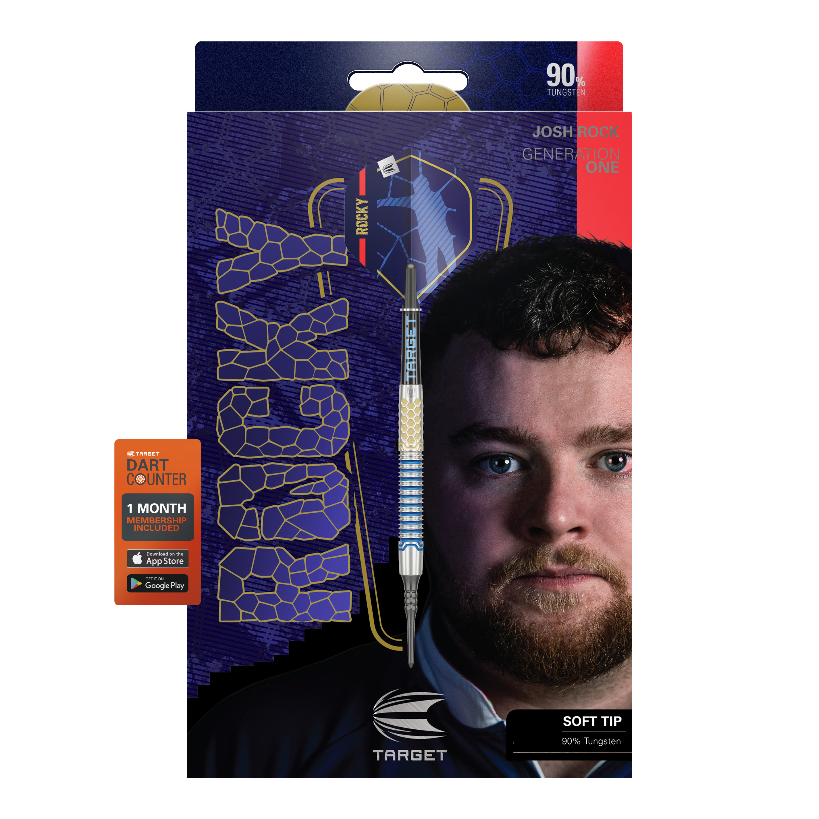 Target Josh Rock GEN1 Soft Darts - 20g Die Abbildung zeigt die Softdarts "Target Josh Rock GEN1" mit einem Gewicht von 20g. Auf der Verpackung ist ein Porträt eines Mannes sowie die Angabe "90% Tungsten" und "SOFT TIP" zu sehen.