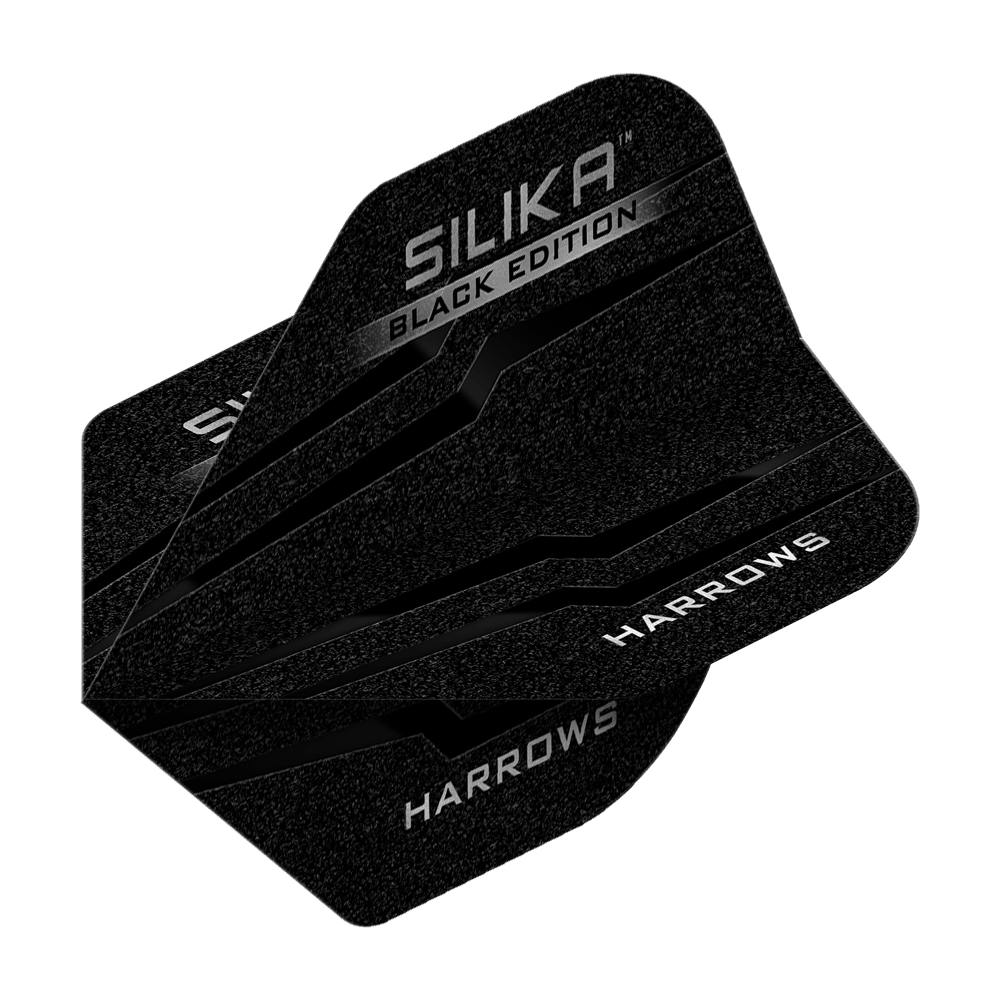 Harrows Silika Black Edition No2 Standard Flights Das Bild zeigt die Harrows Silika Black-Edition No2 Standard Flights. Die Flights sind schwarz mit silbernen Akzenten und dem Aufdruck "Harrows" sowie "Silika Black Edition".