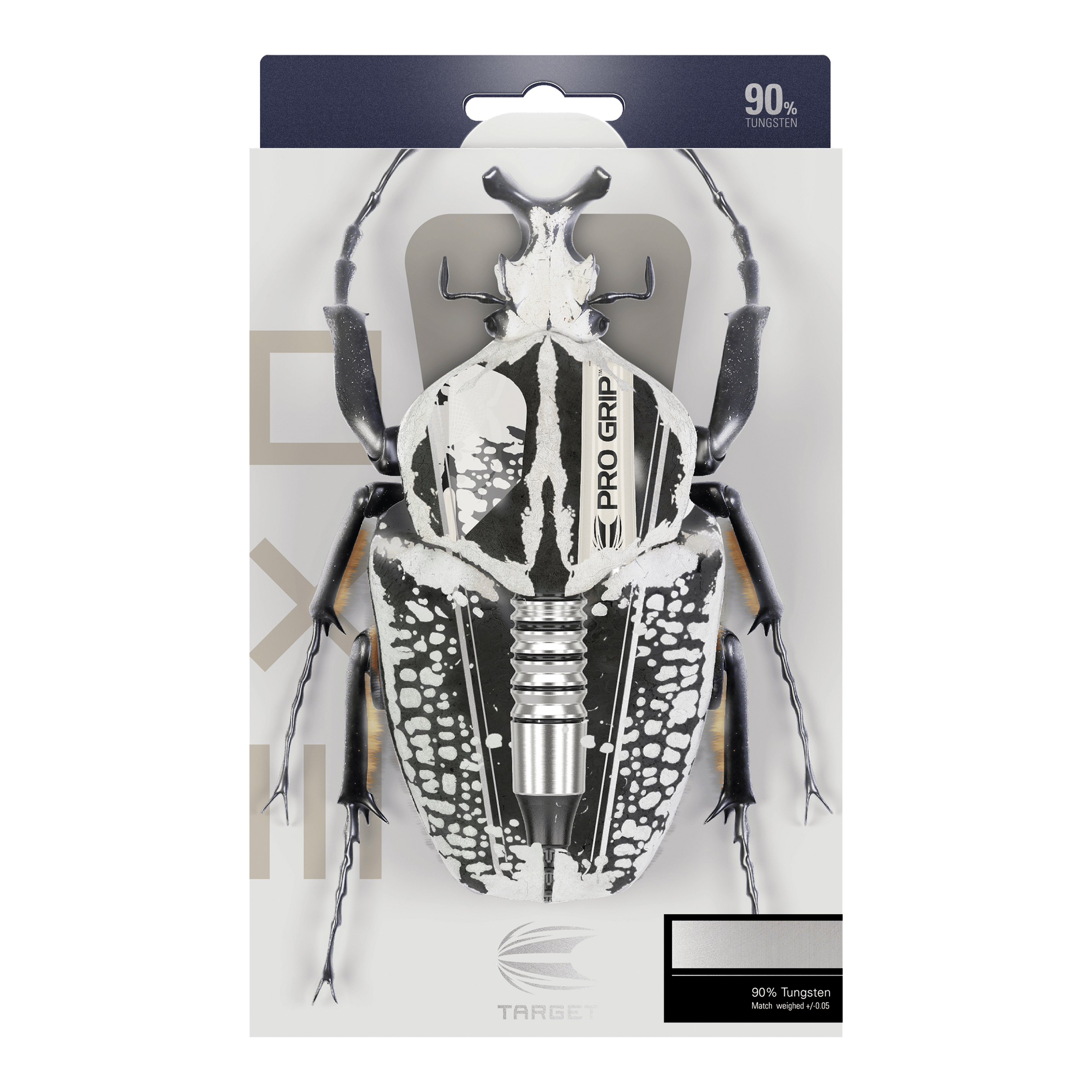 Target EXO 11 Soft Darts Auf der Verpackung der "Target EXO 11 Softdarts" ist ein Käfer abgebildet, dessen Körper mit den Dartpfeilen kombiniert wurde. Oben steht "90% Tungsten", was auf das Material der Darts hinweist.