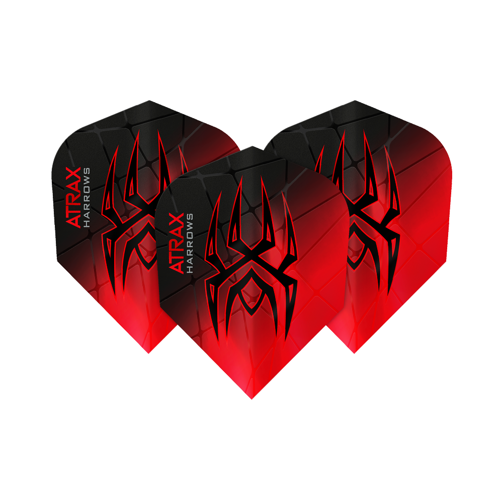 Harrow's Atrax Prime No6 Flights Das Bild zeigt drei Harrows Atrax Prime No6 Flights in Schwarz und Rot mit einem markanten Spinnennetz-Design. Auf jedem Flight steht der Name "Atrax Harrows" an der Seite.