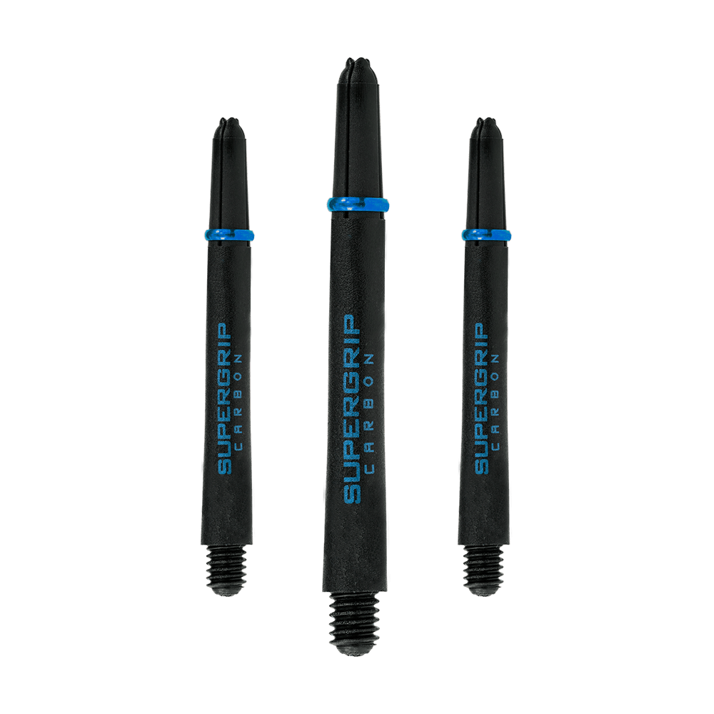 HR365_Harrows_Supergrip_Carbon_Shafts_Aqua_47mm_1h3v7kLjrtvigE Das Bild zeigt drei Harrows Supergrip Carbon Shafts in der Farbe Aqua. Die Dartschäfte sind schwarz mit blauen Akzenten und der Aufschrift "SUPERGRIP CARBON".