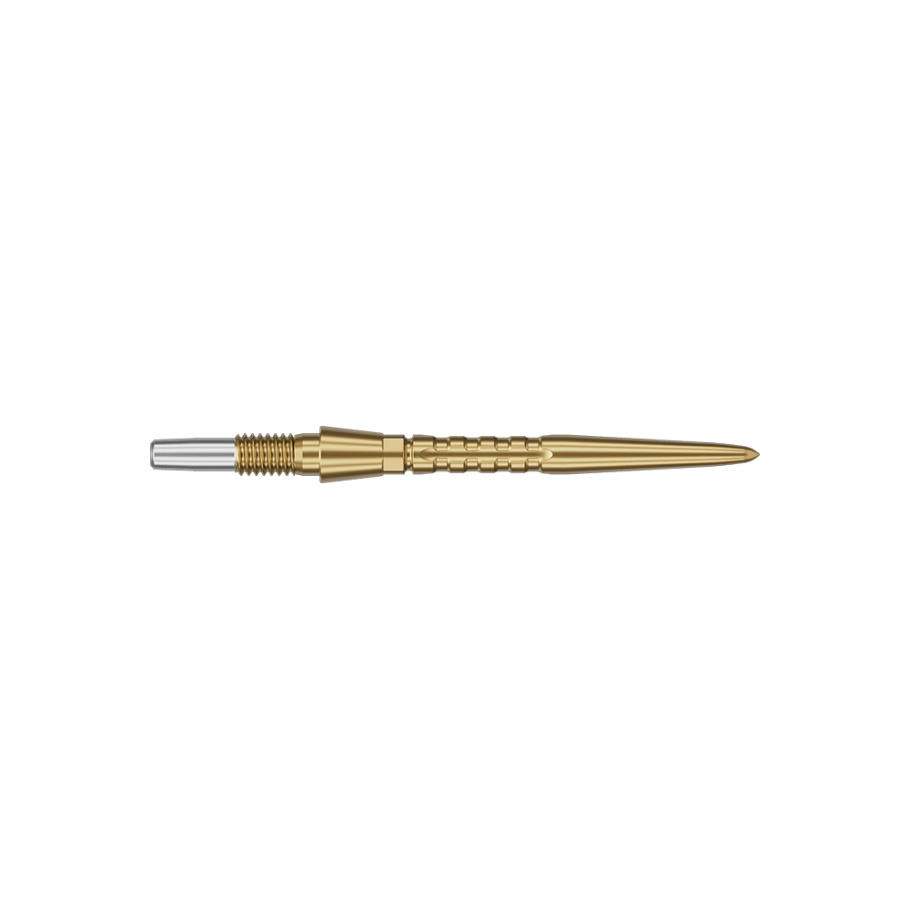 Target Swiss Point Storm Surge steel dart tips - gold Auf dem Bild ist eine goldfarbene Steeldartspitze zu sehen. Sie hat eine schlanke, spitz zulaufende Form mit einem silbernen Ende.