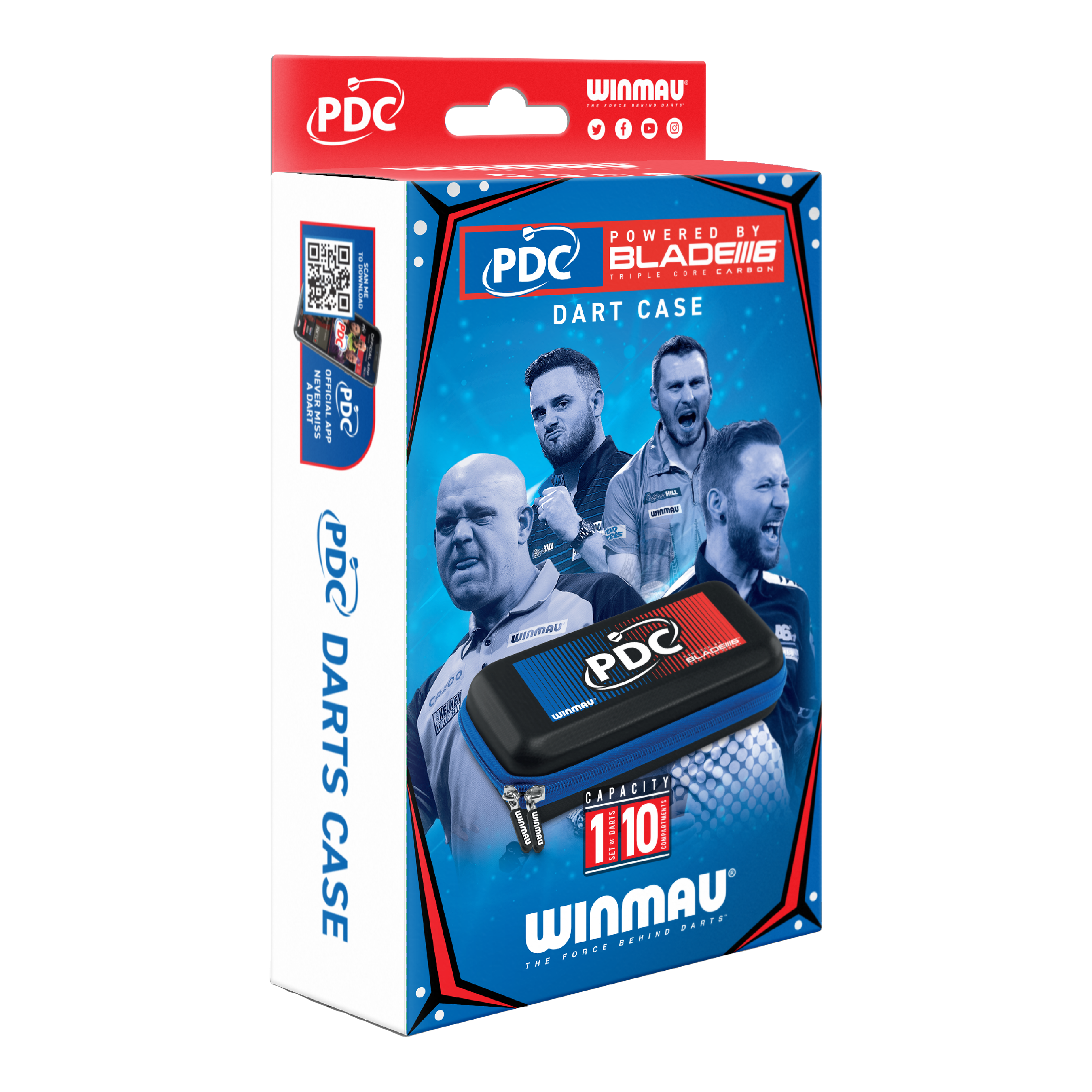Winmau PDC Dartcase Die Abbildung zeigt die Verpackung des Winmau PDC Dartcase. Auf der Box sind Bilder von Dartspielern sowie das Etui und die Markenlogos zu sehen.