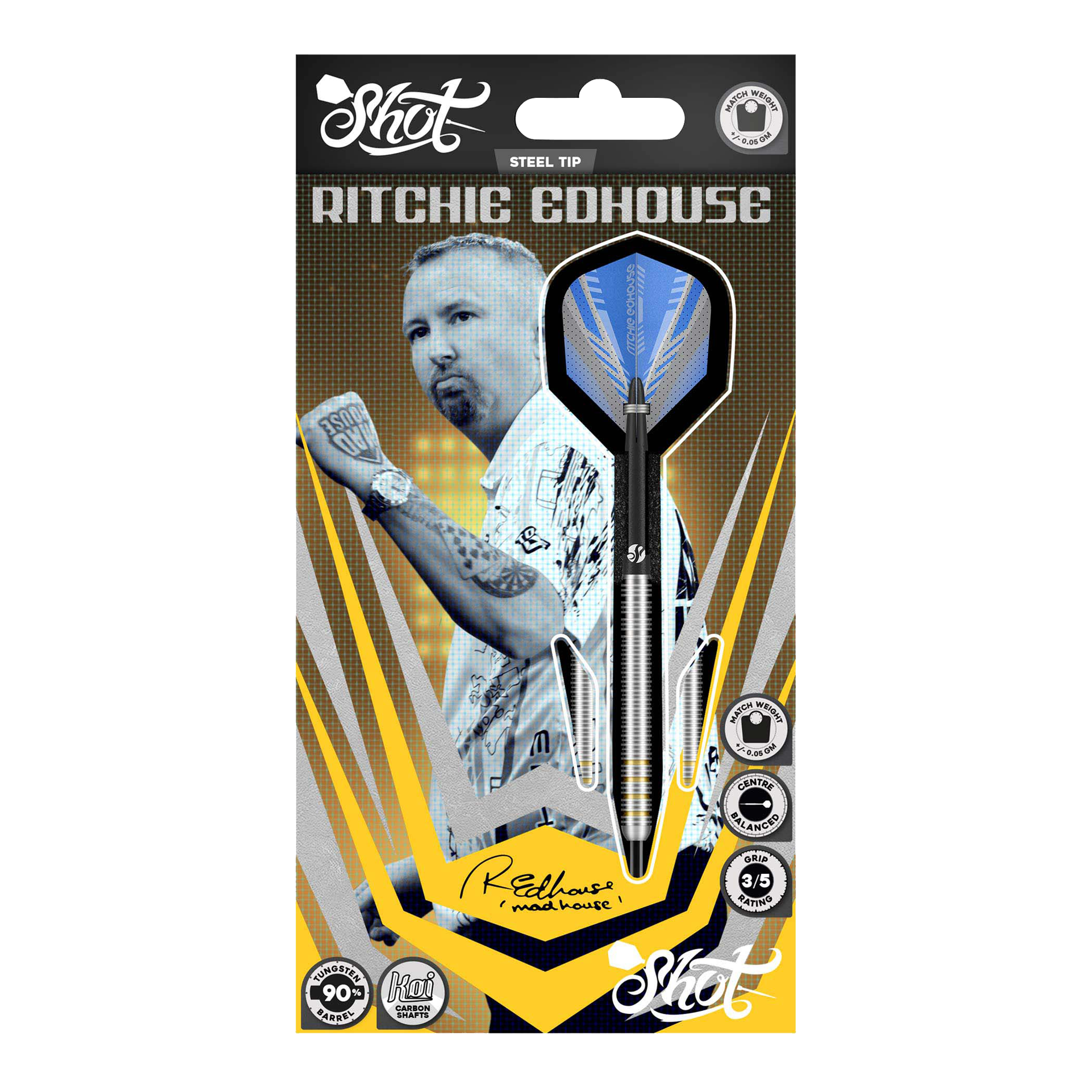Shot Ritchie Edhouse Core Steel Darts Das Bild zeigt die Shot Ritchie Edhouse Core Steeldarts aus einer anderen Perspektive. Die Darts sind präzise verarbeitet und ideal für Profis.