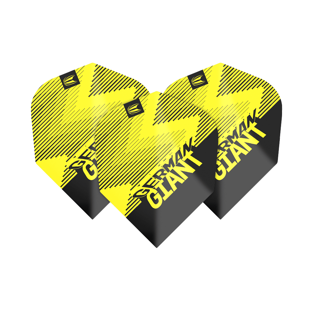 TG35_336200_Target_ProUltra_Gabriel_Clemens_Brass_No6_Yellow_Flights_1EHjOUHjirMeGT Das Bild zeigt drei gelbe Dartflights mit schwarzem Muster und der Aufschrift "GERMAN GIANT". Es handelt sich um das Produkt "Target ProUltra Gabriel Clemens Brass No6 Yellow Flights".