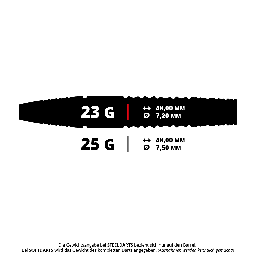 Abgebildet ist ein Set Target Japan Black Marque Warrior SP Steeldarts mit einem Gewicht von 23 Gramm. Dieses Produkt wird für das Steeldartspielen genutzt.