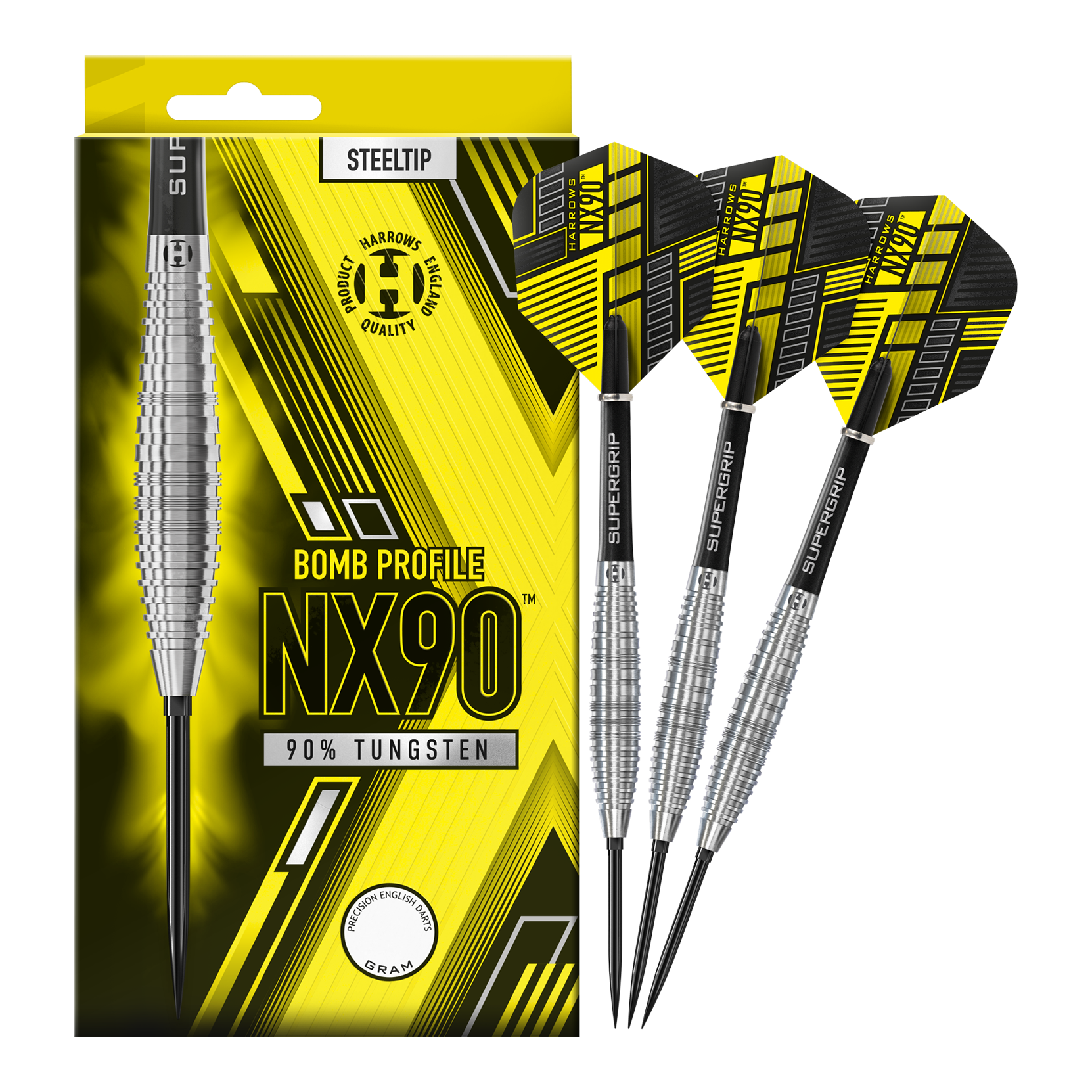 Gezeigt werden die Harrows NX90 Bomb Quick Point Steeldarts. Diese Darts bieten ein präzises Wurfverhalten für den Spieler.