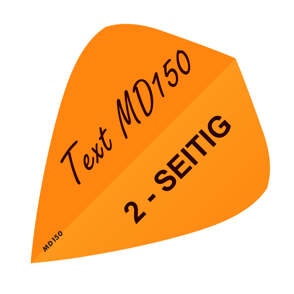 MD-304_2-Seitig_Bedruckte_Flights_Wunschtext_MD150_Neonorange_Kite_1 Dieses Bild zeigt ein neonoranges, drachenförmiges Dart-Flight. Darauf steht der Text „Text MD150“ und „2-SEITIG“.