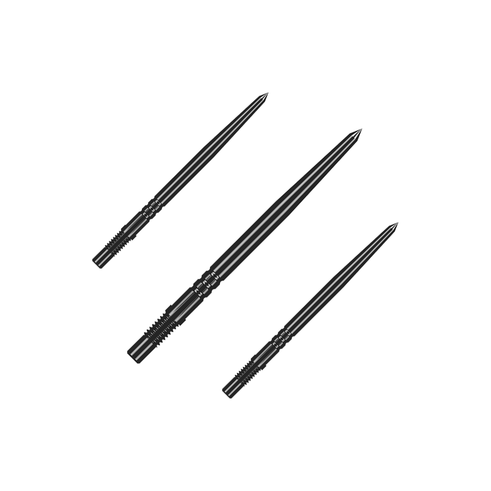 Shot Turbo Point Dart Tips - Black Mehrere schwarze Dartspitzen gleicher Bauart liegen nebeneinander. Die Spitzen sind ein Zubehör für Steeldarts.