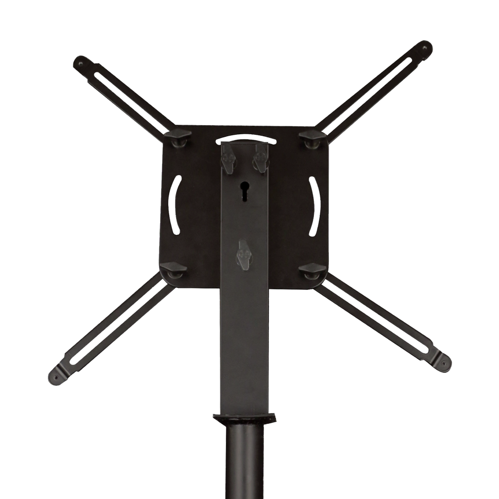 1702_McDart_Hybrid_2_Pro_Dartboardst-nder_5 Das Bild zeigt den McDart Hybrid Pro Tripod Dartboardständer. Der Dartboardständer ist schwarz und hat vier ausklappbare Halterungen.