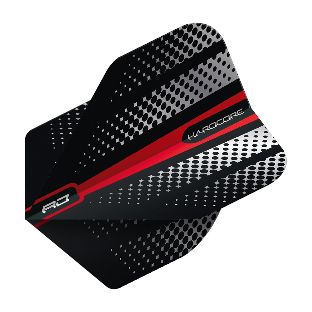 TF6512_Red_Dragon_Hardcore_Radical_Red_Flash_Standard_Flights_2 Das Bild zeigt einen Dartflight mit schwarzem Grund, roten und weißen Streifen sowie silbernen Punktmustern. Auf dem Flight steht das Wort "Hardcore".