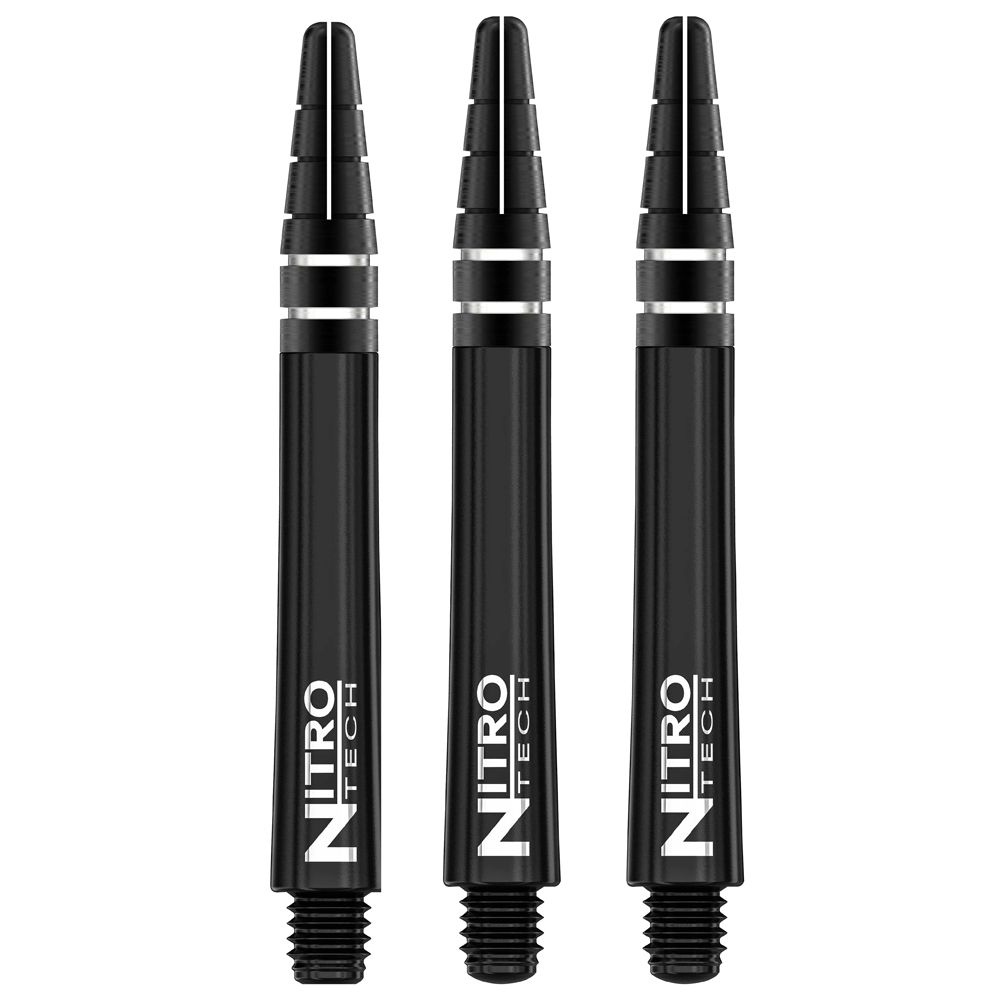 C446_Nitrotech_Medium_Black_V Auf dem Bild sind drei schwarze RedDragon Nitrotech Shafts zu sehen. Sie sind jeweils mit dem weißen "NITRO TECH"-Logo bedruckt.