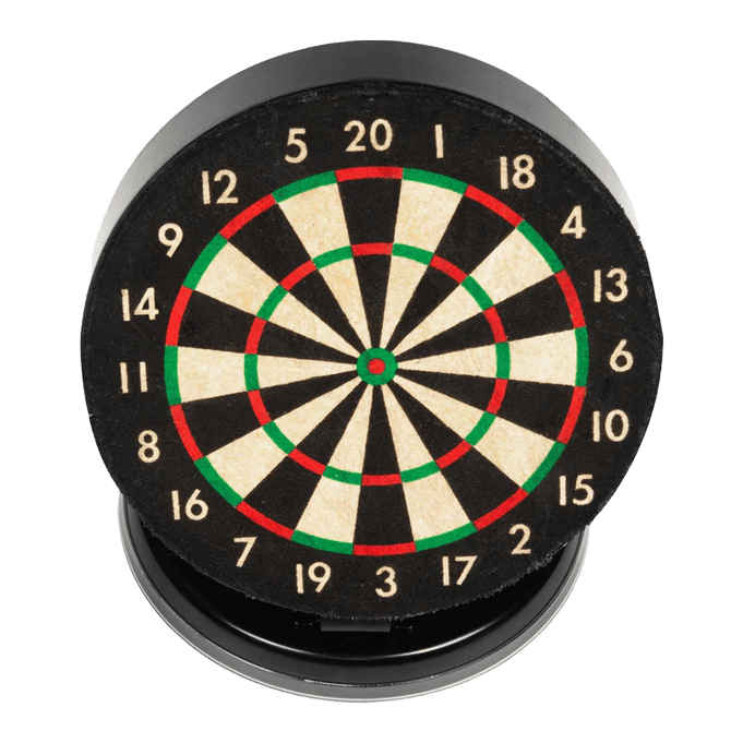 Ruthless Mini Desktop Dartboard Set Das Bild zeigt eine kleine, runde Dartscheibe mit farbigen Markierungen und Zahlen. Sie ist als Mini-Desktop-Set gestaltet und eignet sich für den Schreibtisch.
