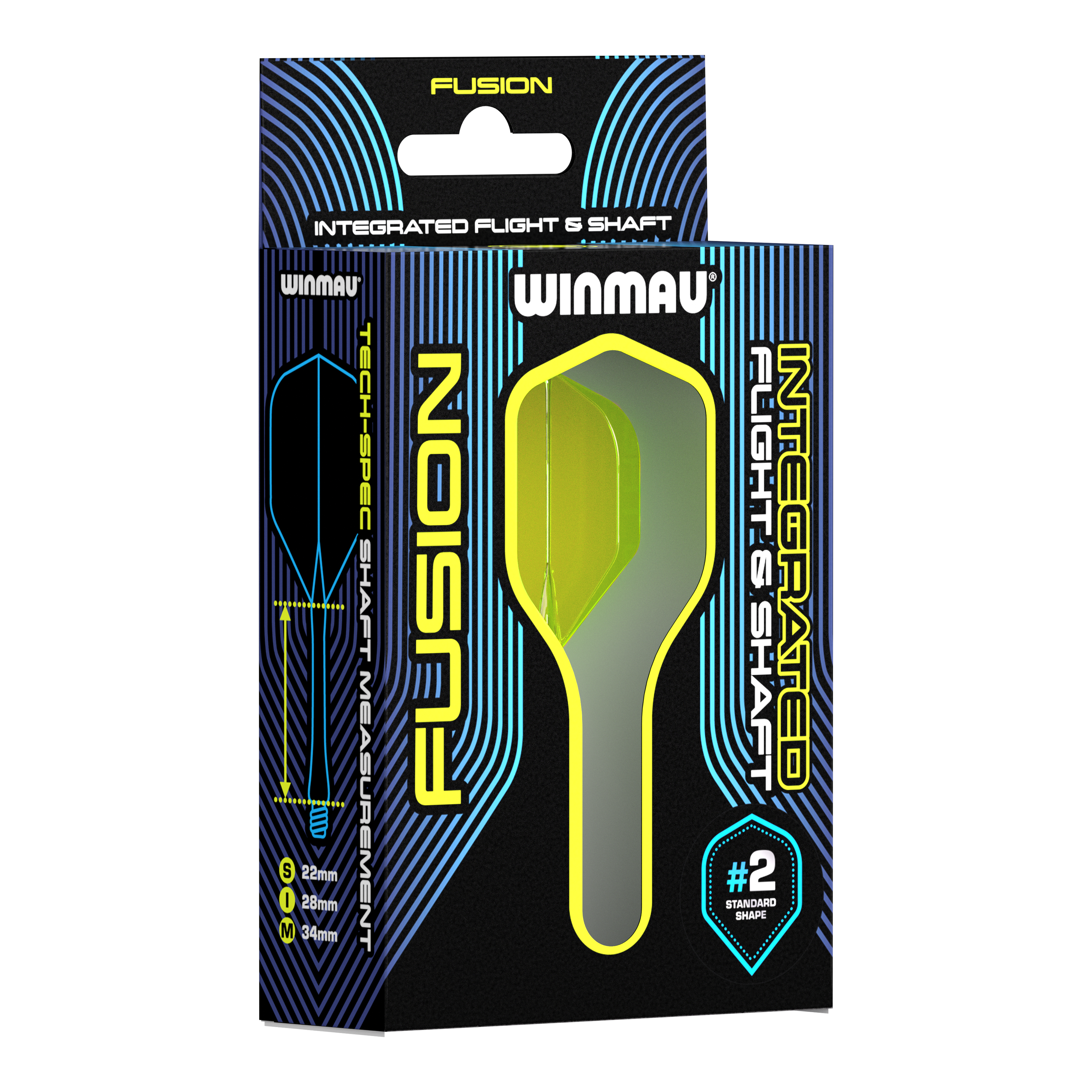 Winmau Fusion Flight Shaft System Standard Yellow Auf dem Bild ist eine Verpackung des Winmau Fusion Integrated Flight & Shaft Systems zu sehen. Die abgebildeten Flights und Shafts sind in Gelb und haben eine Länge von 22 mm.