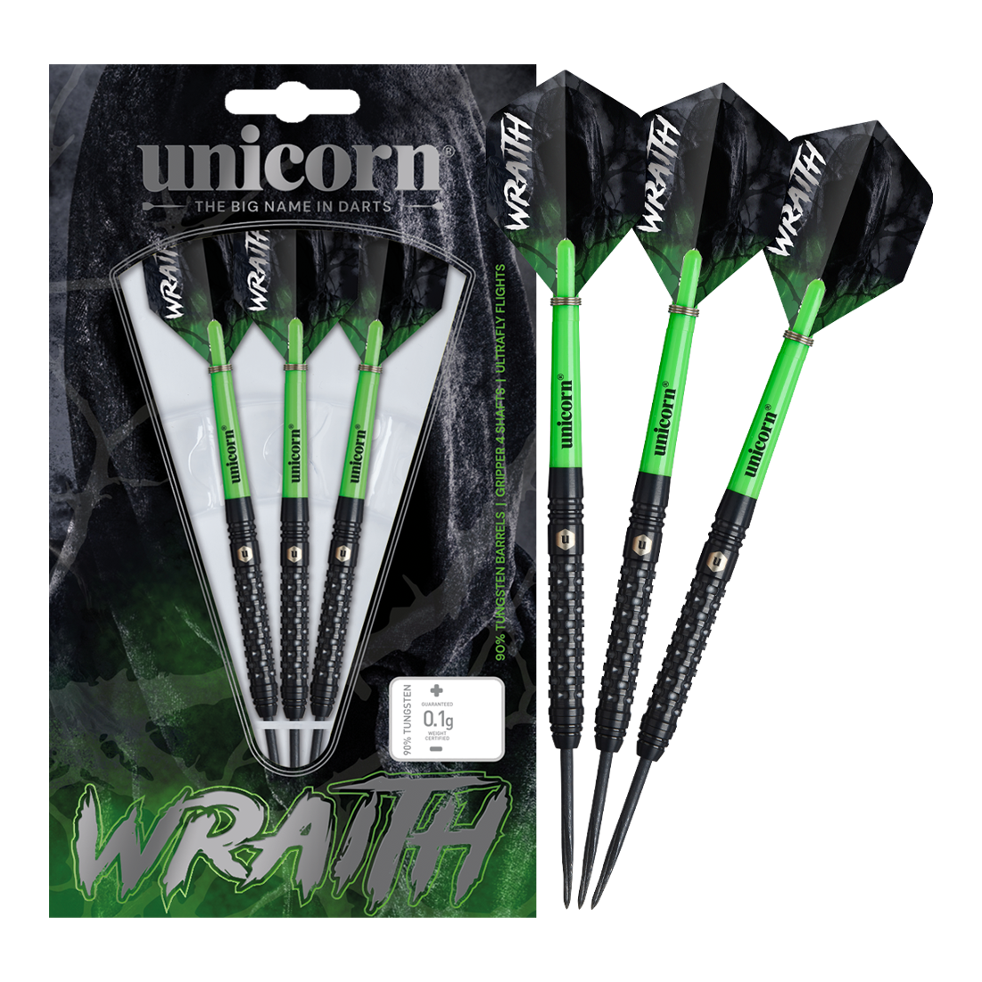 Das Bild zeigt drei Unicorn Wraith Steeldarts. Sie liegen nebeneinander auf weißem Hintergrund.