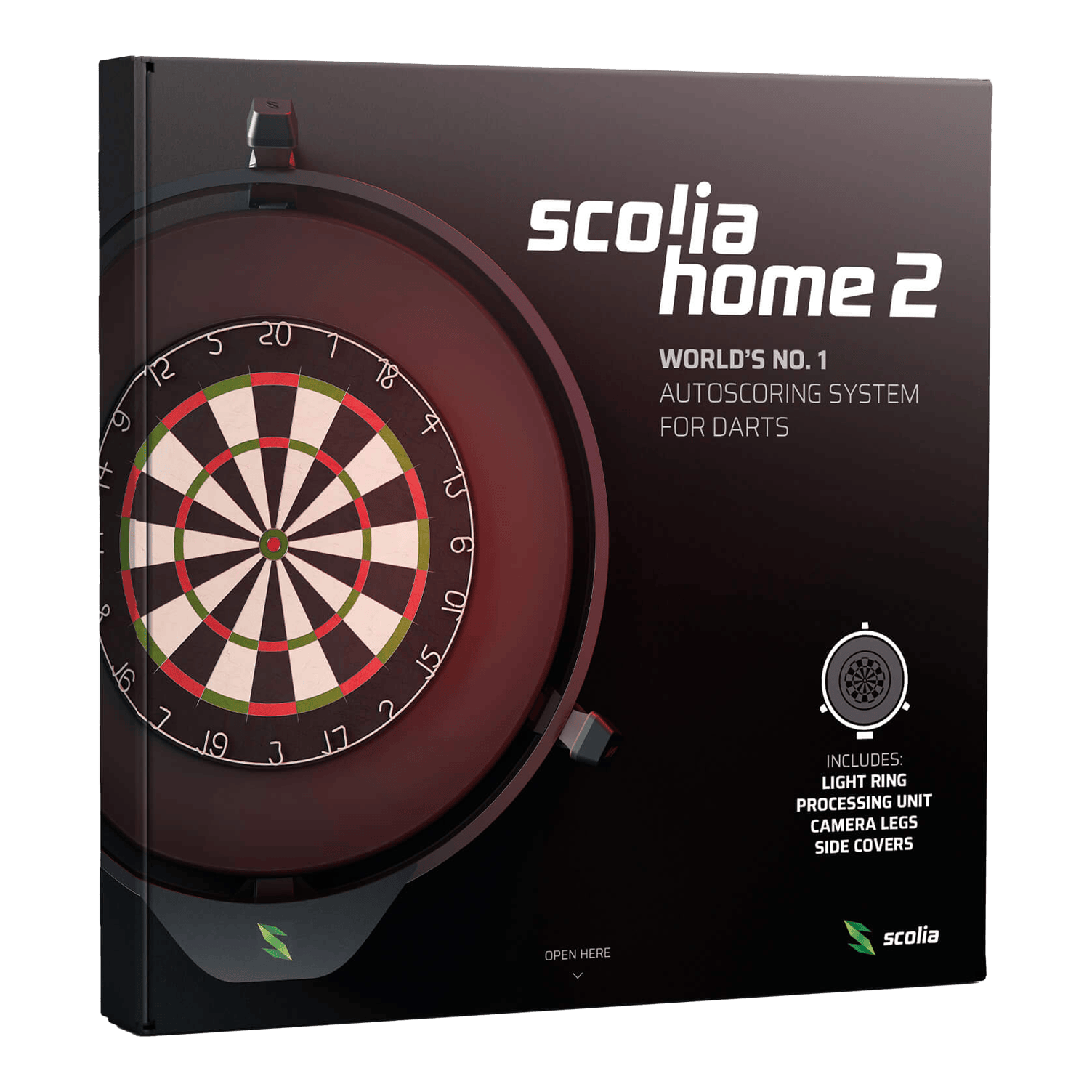 Scolia Home 2 Electronic Autoscoring System with Lighting Ring 2026 Auf dem Bild ist die Verpackung des Produkts "Scolia Home 2 Electronic Score System mit Beleuchtungsring" zu sehen. Es handelt sich um ein automatisches Zählsystem für Dartspiele mit Licht, Kamerabeinen und Abdeckungen.