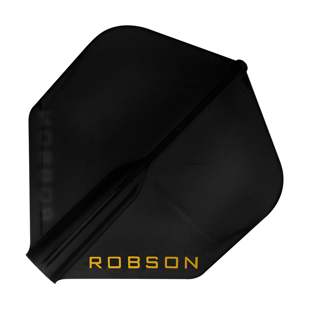 Robson Plus Flights - Standard Dies ist ein schwarzes Dartflight mit der Aufschrift "ROBSON" in gelber Farbe. Das Flight hat eine Standardform und wirkt robust.
