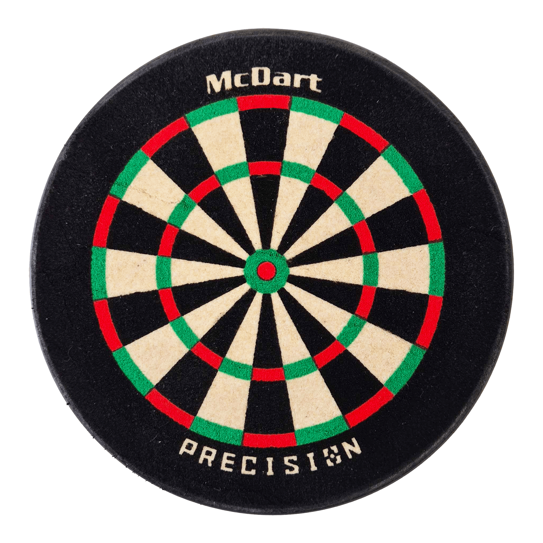 McDart Precision Mini Dartboard Dart Holder Das Bild zeigt eine kleine, runde Dartscheibe mit der Aufschrift „McDart“ und „PRECISION“. Die Scheibe hat die klassischen Farben Weiß, Schwarz, Rot und Grün.