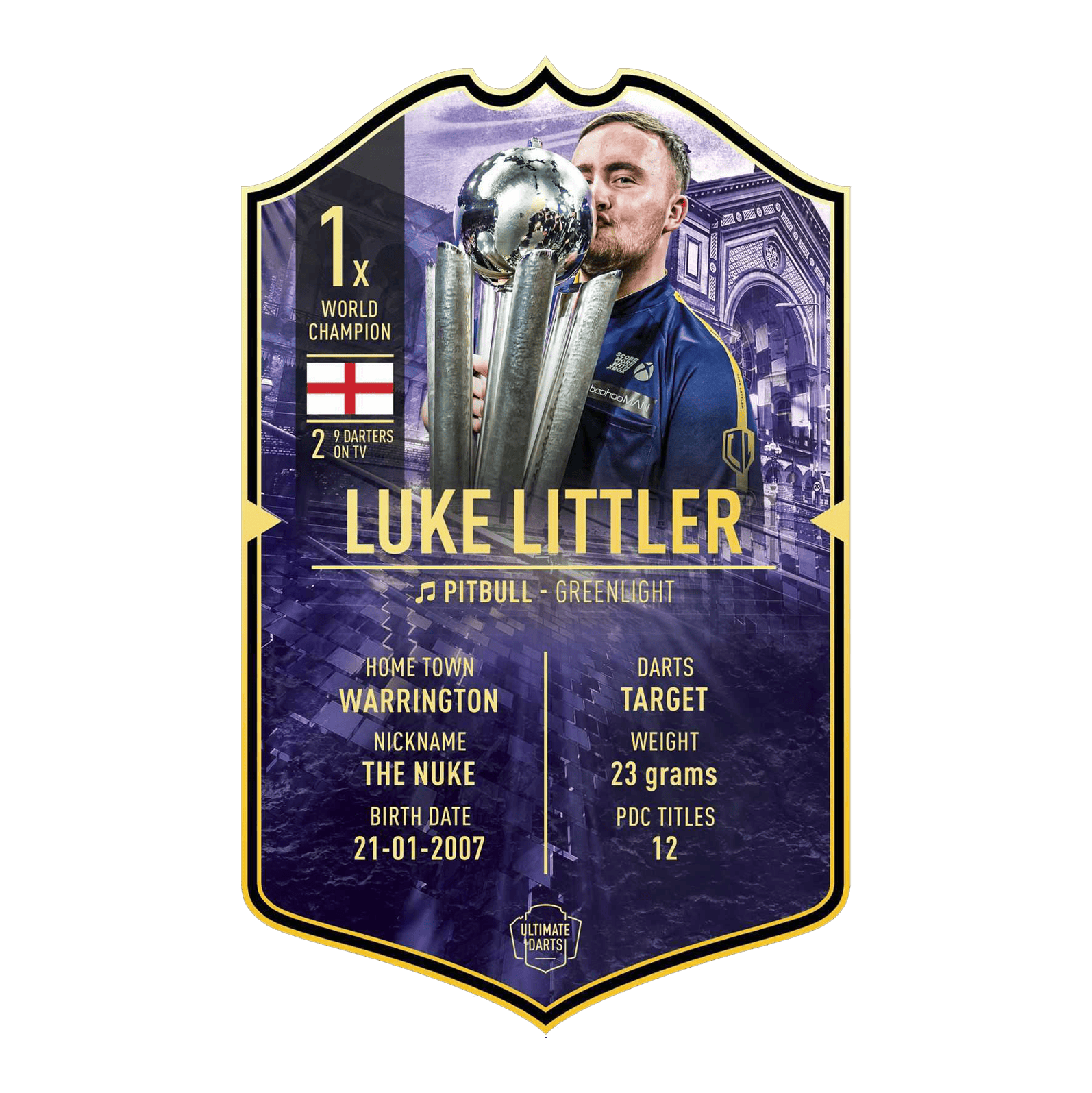 Ultimate Darts Card - Luke Littler World Champion 2025 Die Abbildung zeigt die „Ultimate Darts Card - Luke Littler World Champion“. Auf der Karte ist Luke Littler mit seiner Trophäe sowie wichtige Informationen über ihn abgebildet.