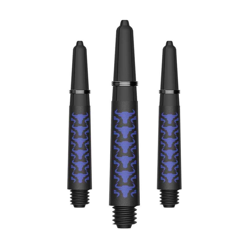 Zu sehen sind BullsNL Capo Carbon Shafts in Blau, Größe Short 34mm. Das Produkt ist ein Set aus Kohlefaser-Dartschäften.