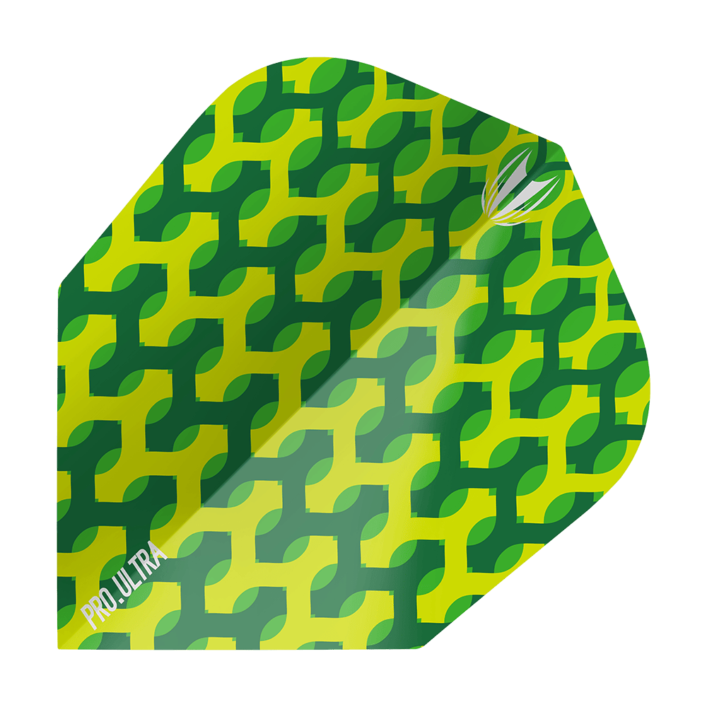 TG69_335230_Target_ProUltra_Fabric_Green_Ten-X_Flights_1 Das Bild zeigt das Produkt "Target ProUltra Fabric Green Ten-X Flights". Die Flight-Kappe hat ein grünes und gelbes Muster mit geometrischem Design.