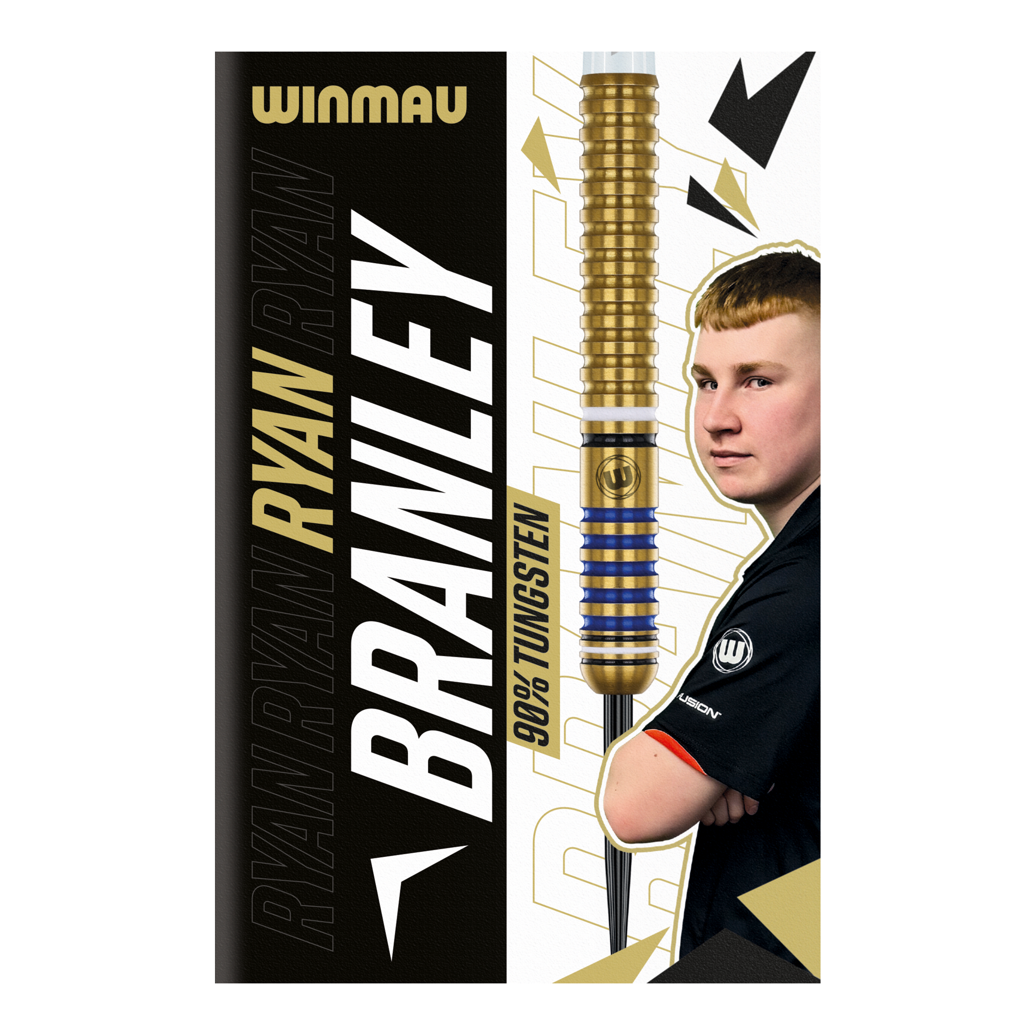 Winmau Ryan Branley Steel Darts - 23g Die Abbildung zeigt die Verpackung der "Winmau Ryan Branley Steeldarts - 23g". Auf der Verpackung sind ein Dartpfeil, ein Foto einer Person und der Schriftzug "90% Tungsten" zu sehen.