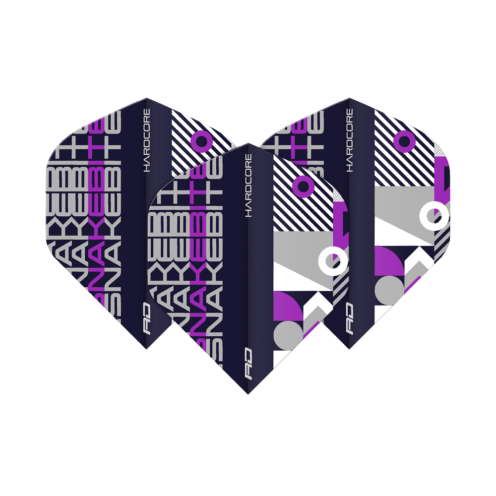 TF6656_Red_Dragon_Hardcore_Snakebite_BlackPurple_Standard_Flights_1c7FxZfIYdCshs Das Bild zeigt drei Dart Flights der Marke "Red Dragon Hardcore Snakebite" in Schwarz und Lila. Das Design ist modern mit geometrischen Mustern und der Aufschrift "SNAKEBITE".