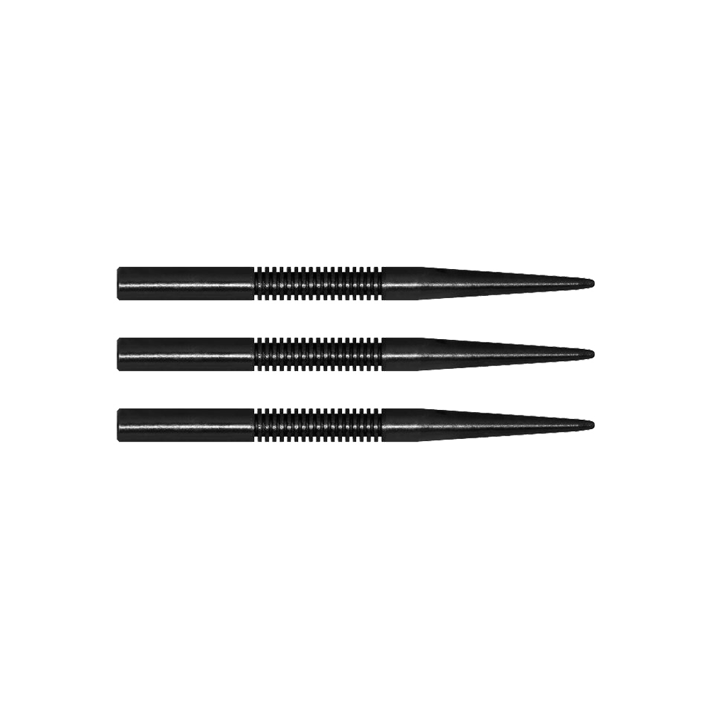 MCD15_McDart_Black_Ghost_Steeldartspitzen_32mm_1 Das Bild zeigt drei schwarze Steeldartspitzen der Marke McDart Black Ghost. Die Spitzen sind gerade und haben eine gerillte Oberfläche für besseren Halt.