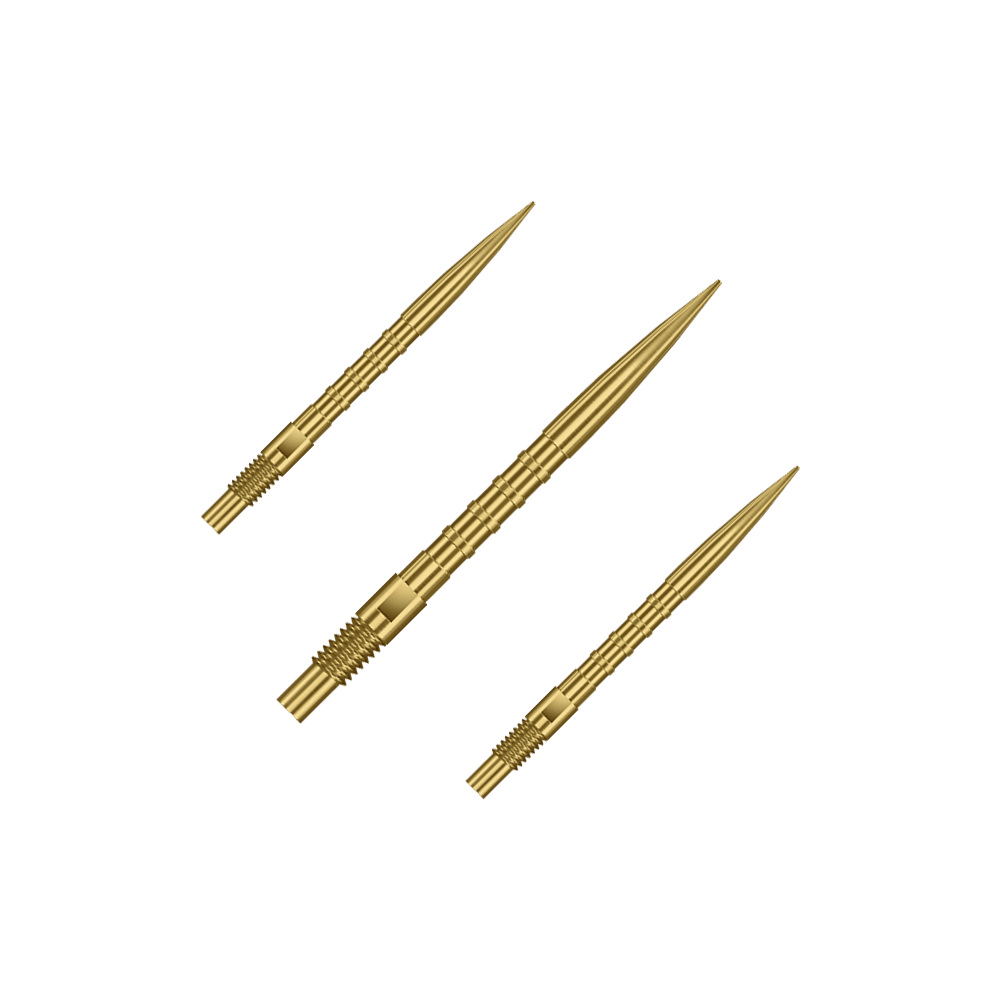 Harrows Quick Point Heavy Metal Dart Tips - Gold Abgebildet sind goldene Dartspitzen mit 26mm Länge, dargestellt als ein Set. Es handelt sich um Harrows Quick Point Heavy Metal Grip Dartspitzen Gold 26mm im Set.