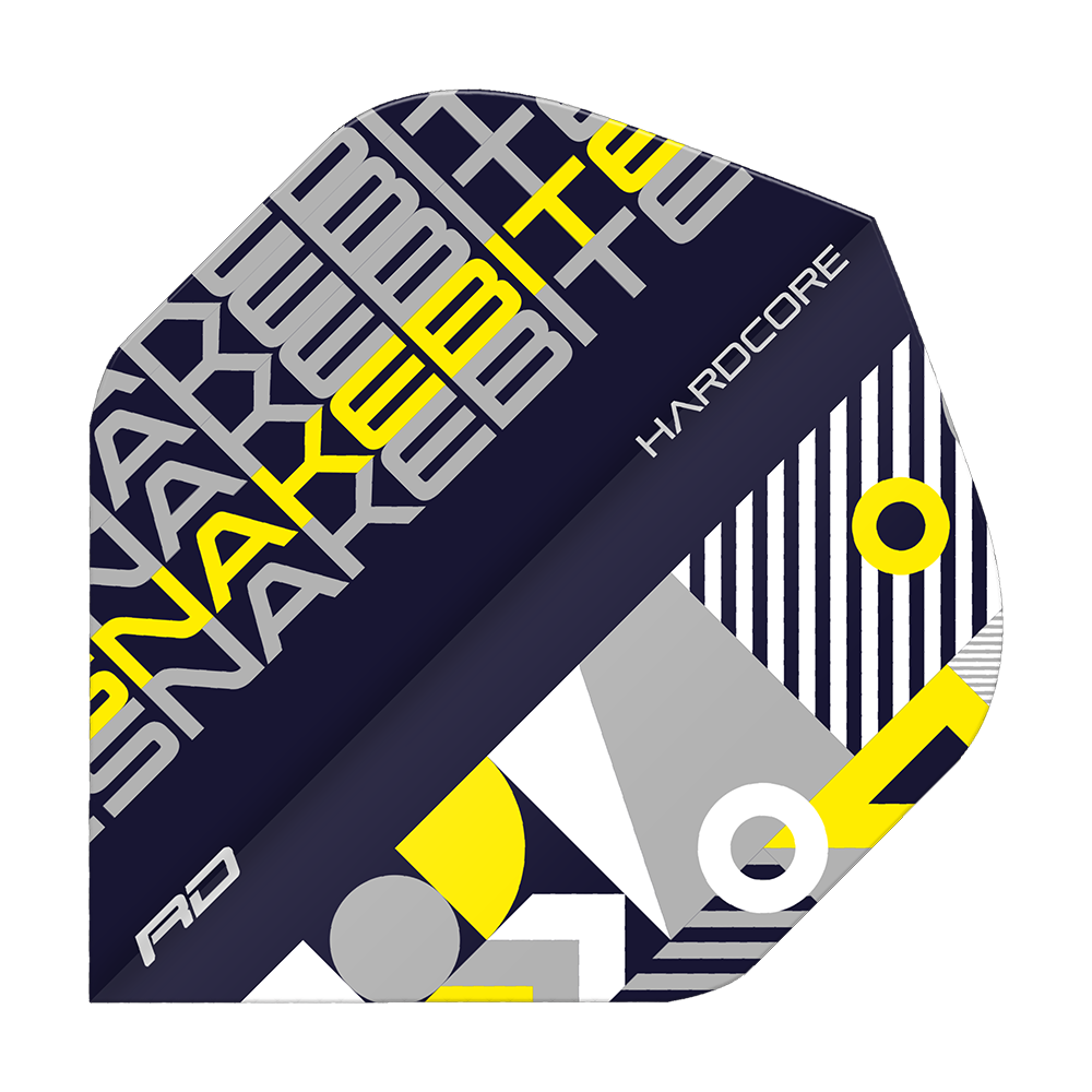 TF6657_Red_Dragon_Hardcore_Snakebite_BlackYellow_Standard_Flights_1L1aF7qSG6nClE Das Bild zeigt ein Dartflight mit dem Namen "Red Dragon Hardcore Snakebite Black Yellow Standard Flights". Das Design ist modern und auffällig in den Farben Schwarz, Gelb, Grau und Weiß gehalten.