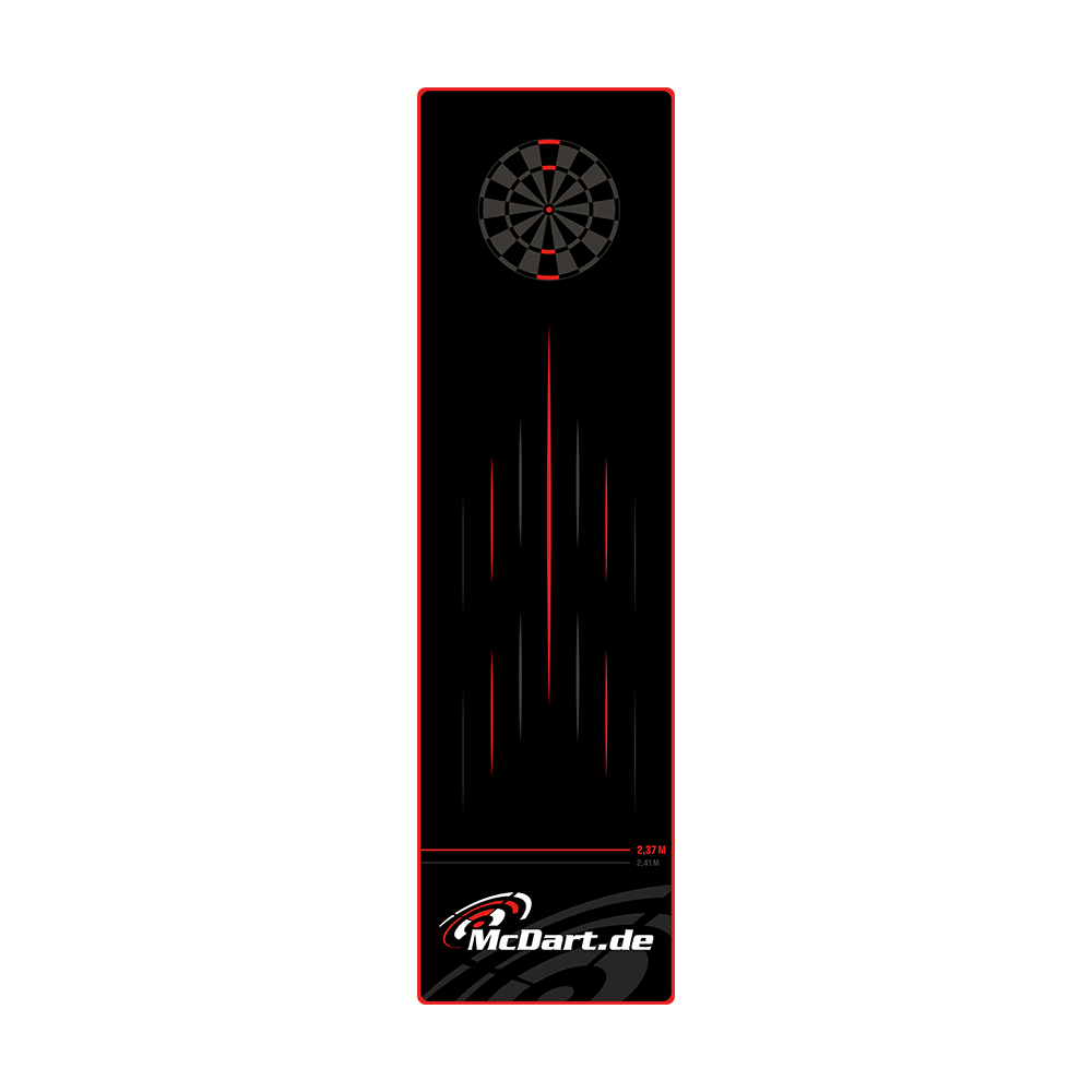 McDart Tops Dartteppich Das Bild zeigt den McDart Tops Dartteppich mit einem schwarzen Design und roten Akzenten. Oben ist eine Dartscheibe abgebildet und unten befindet sich das McDart.de-Logo.