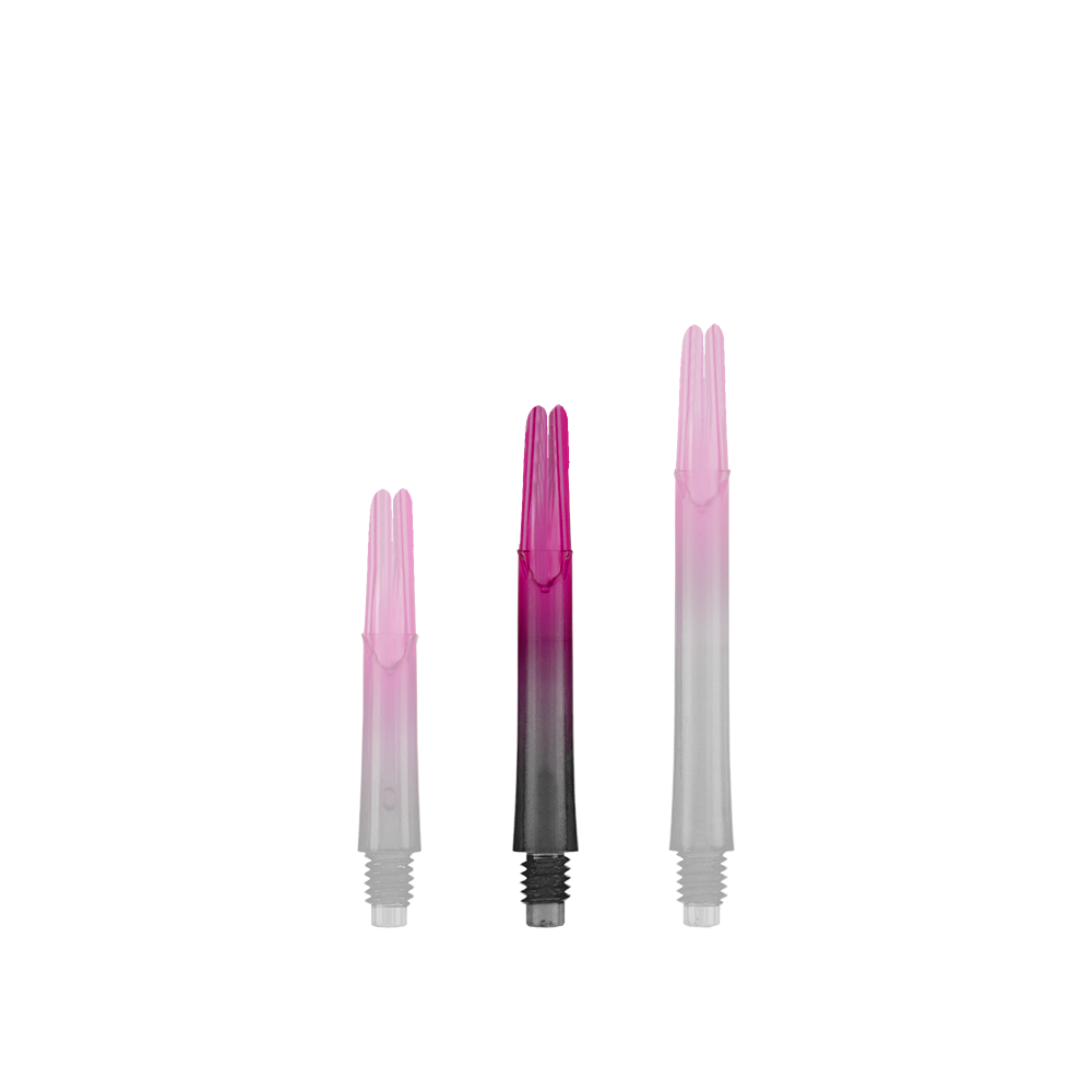 Auf dem Bild sind drei unterschiedlich lange, zweifarbige Dartschäfte zu sehen. Sie sind unten schwarz und gehen nach oben in ein kräftiges Pink über.