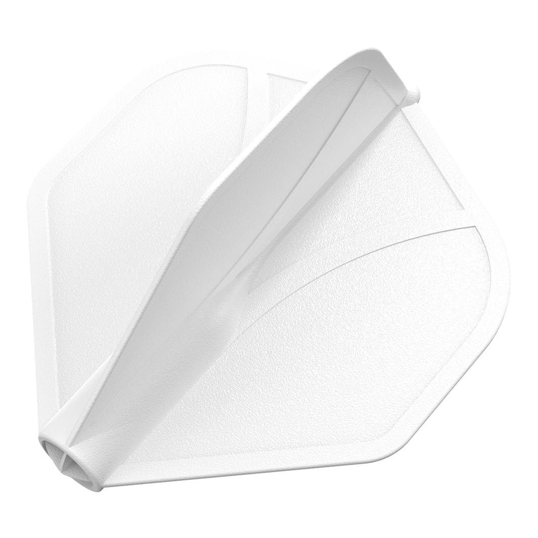 Das Bild zeigt eine weiße Dart-Flugfeder in Standardform. Die Oberfläche wirkt strukturiert und leicht glänzend.