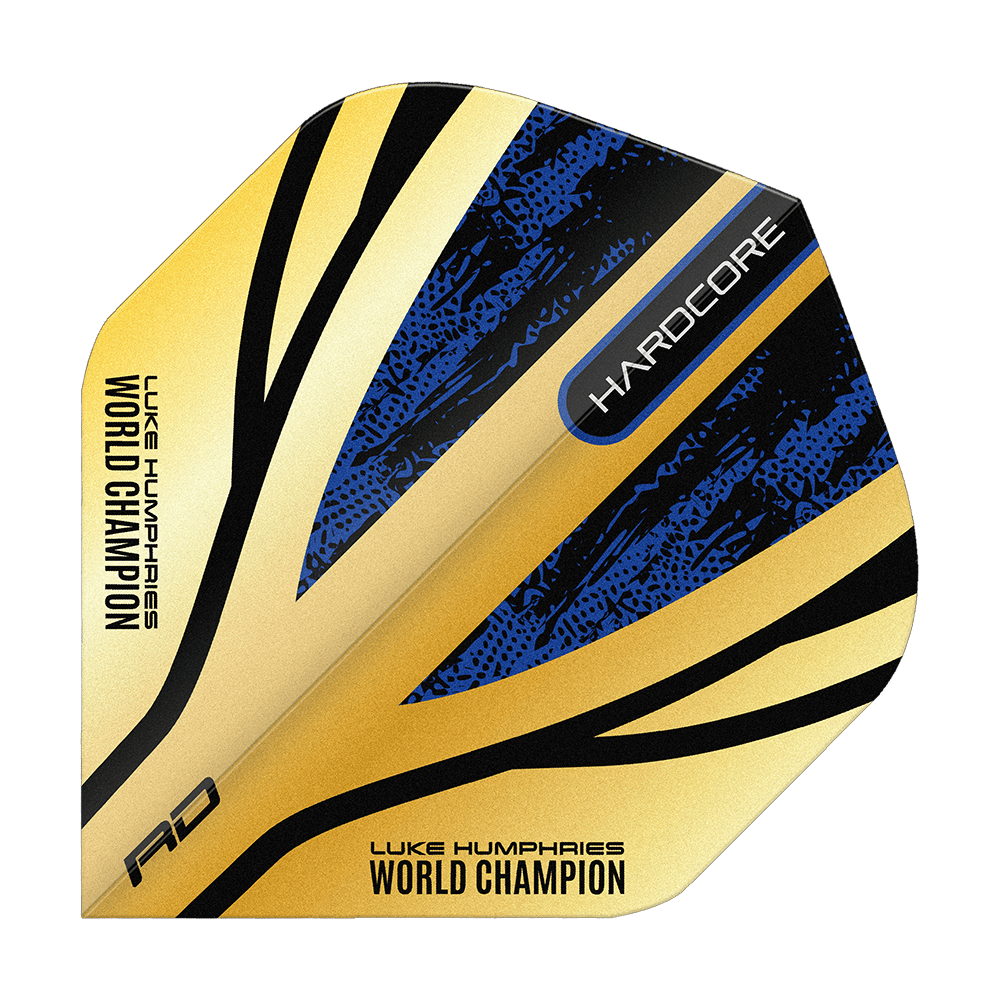Red Dragon Hardcore Premium Luke Humphries Gold Standard Flights Das Bild zeigt das Produkt "Red Dragon Hardcore Premium Luke Humphries Gold Standard Flights". Die Darts-Flights sind gold, blau und schwarz und tragen die Aufschrift "WORLD CHAMPION" und "HARDCORE".