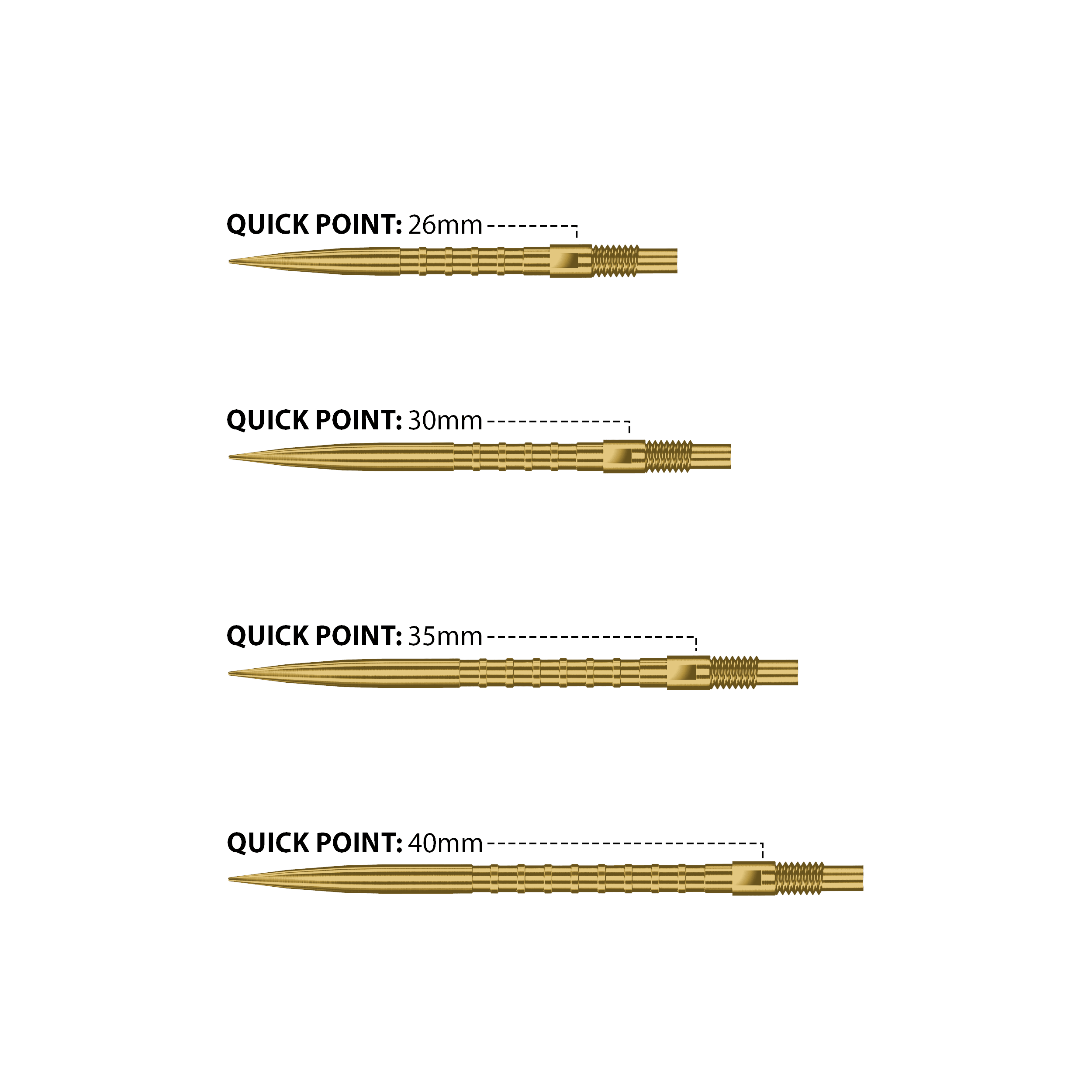 Abgebildet sind Harrows Quick Point Heavy Metal Dartspitzen in Gold. Sie zeichnen sich durch ihre goldene Farbe und hohe Qualität aus.