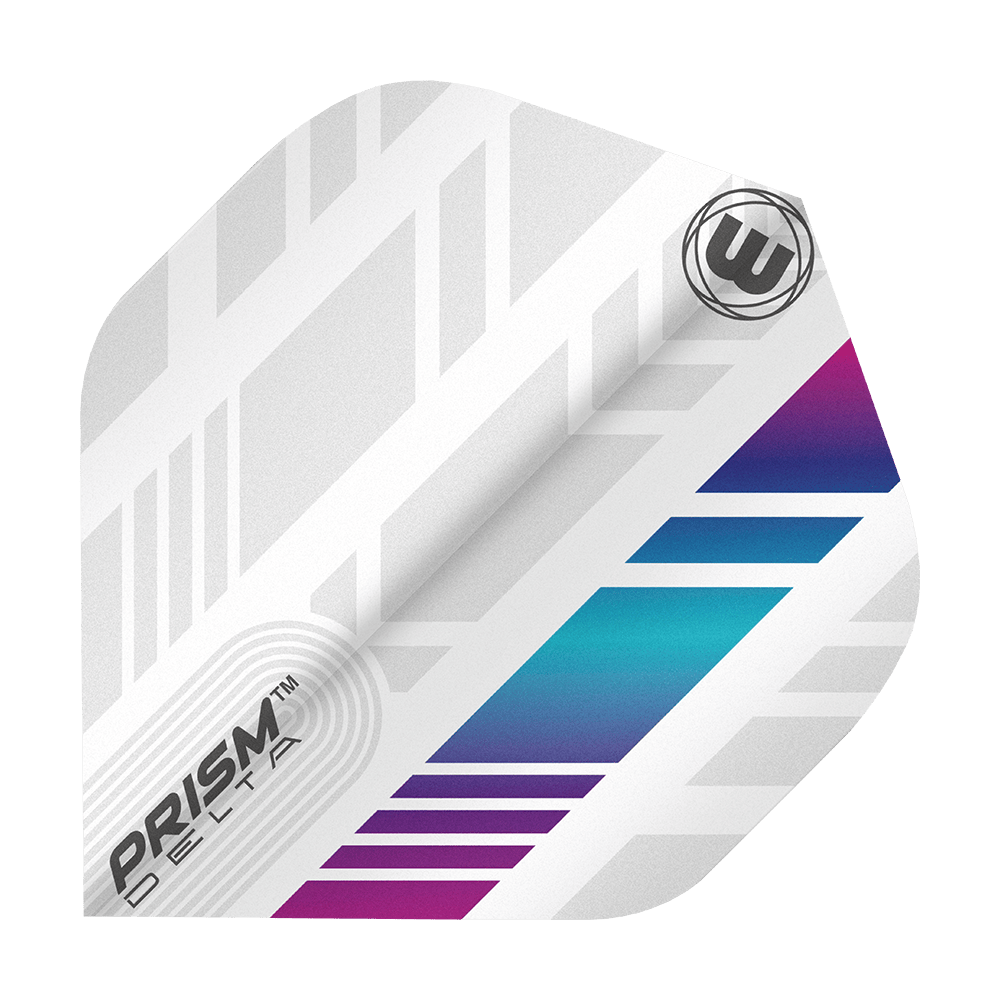 6915-213_Winmau_Prism_Delta_6915-213_Standard_Flights_1lvGL8qAbGYdbY Das Bild zeigt ein Winmau Prism Delta 6915.213 Standard-Flights für Dartpfeile. Das Flight ist überwiegend weiß mit modernen, farbigen Akzenten in Blau und Lila.
