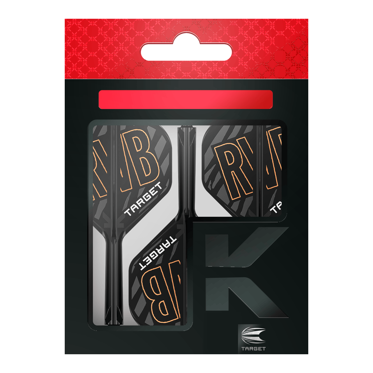 Target K-Flex Raymond Van Barneveld No2 Standard Flight Shaft System Auf dem Bild ist eine Verpackung mit Dartflights und -schäften der Marke Target zu sehen. Die Flights tragen die Buchstaben "RVB" und sind schwarz-weiß mit orangener Schrift gestaltet.