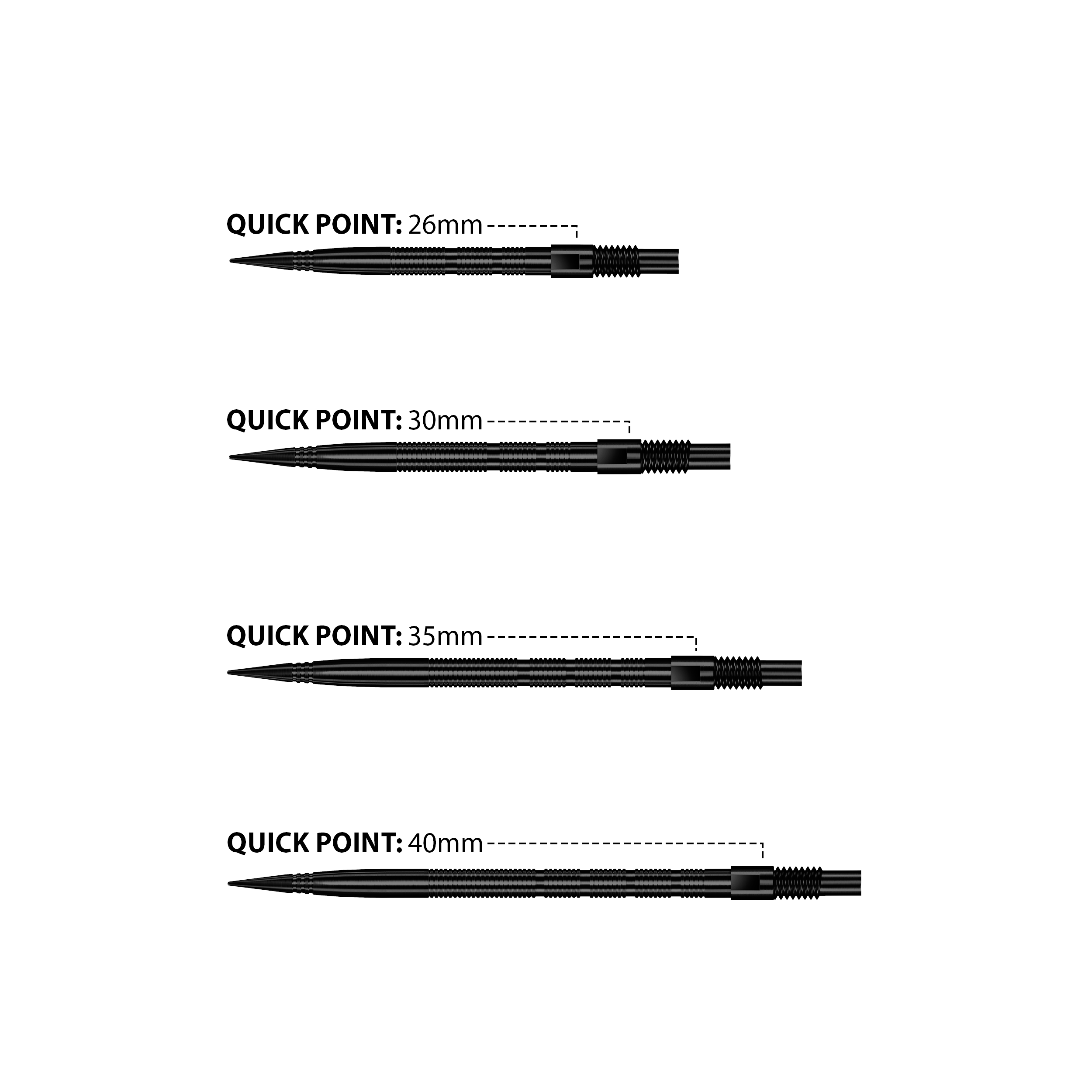 Das Bild zeigt Harrows Quick Point Micro Ridge Dartspitzen in Schwarz. Die Dartspitzen sind schlank und für präzises Werfen geeignet.