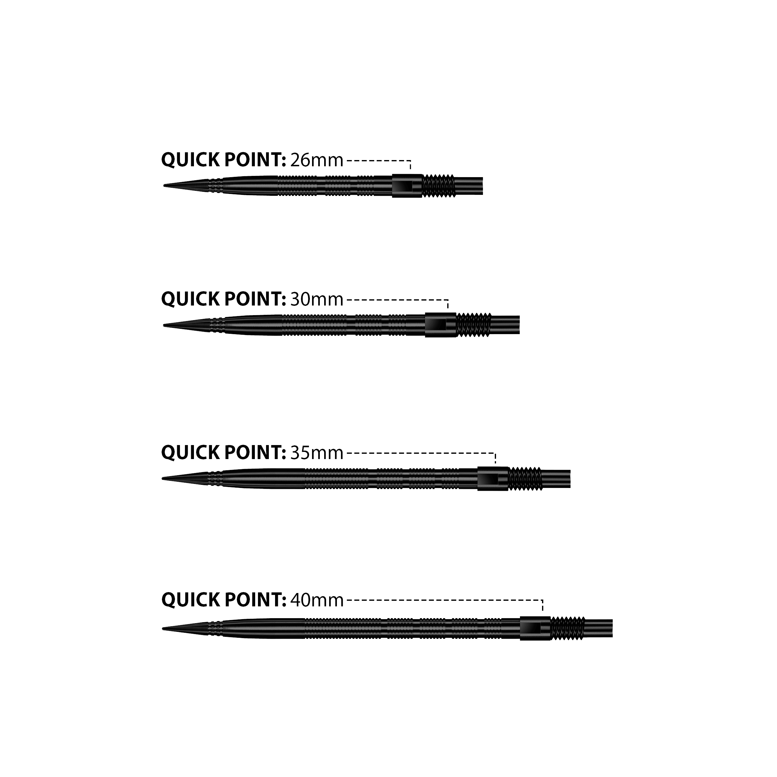Harrows Quick Point Micro Ridge Dart Tips - Black Das Bild zeigt Harrows Quick Point Micro Ridge Dartspitzen in Schwarz. Die Dartspitzen sind schlank und für präzises Werfen geeignet.