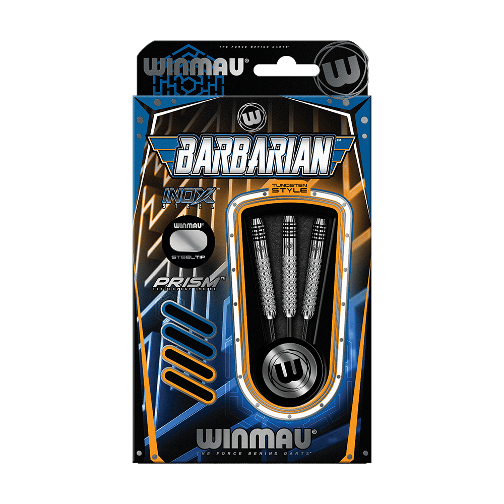 2302_Winmau_Barbarian_Tungsten_Style_Steeldarts_3 Auf dem Bild ist eine Verpackung der "Winmau Barbarian Tungsten Style Steeldarts" zu sehen. In der Packung befinden sich drei silberfarbene Stahldarts.