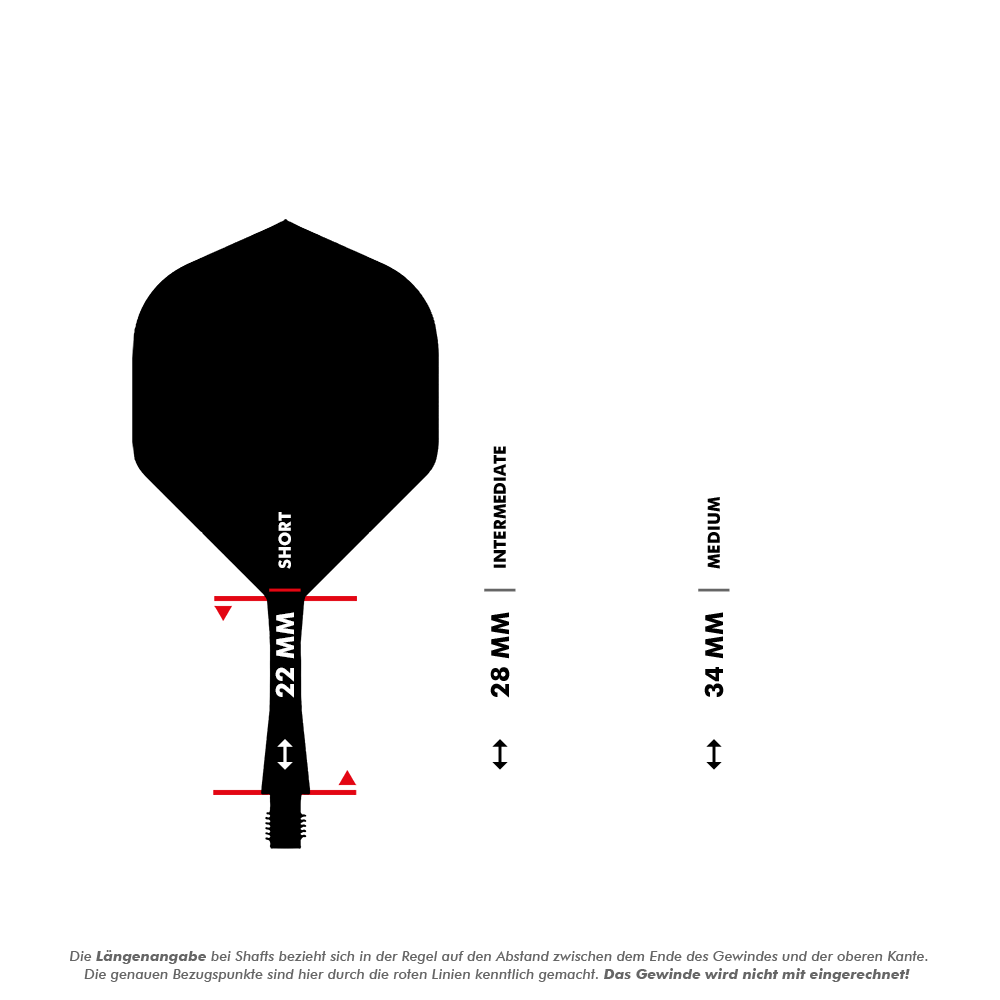 Winmau Fusion Flight Shaft System Standard Red Das Bild zeigt die Längenangaben für verschiedene Dartshafts, wobei der kurze Shaft mit 22 mm gekennzeichnet ist. Außerdem sind die Längen für "Intermediate" mit 28 mm und "Medium" mit 34 mm dargestellt.