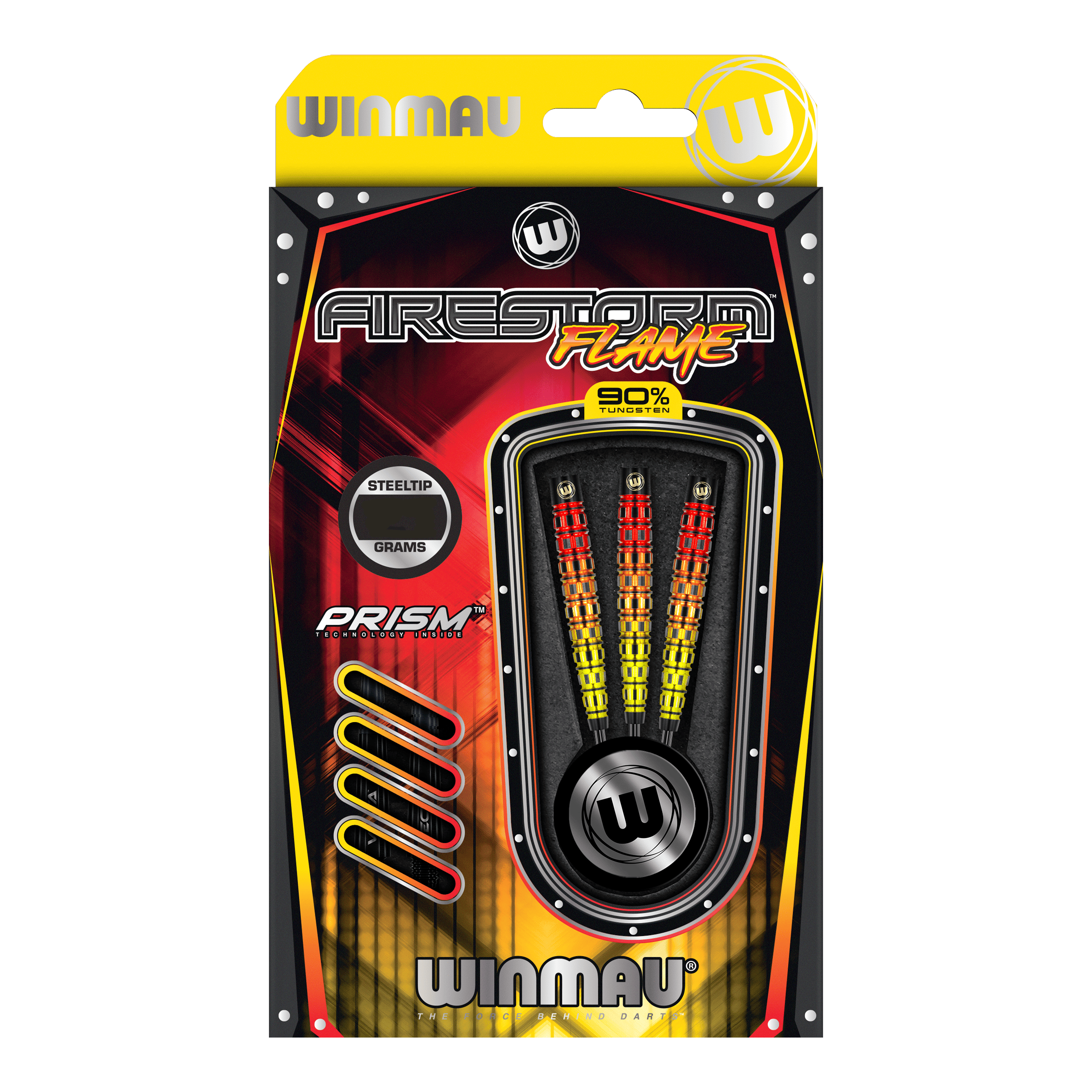 Winmau Firestorm Flame Tapered Steeldarts Das Bild zeigt die Verpackung der "Winmau Firestorm Flame Tapered Steeldarts". In der Verpackung sind drei bunte Stahlspitzendarts mit einem auffälligen Flammen-Design zu sehen.