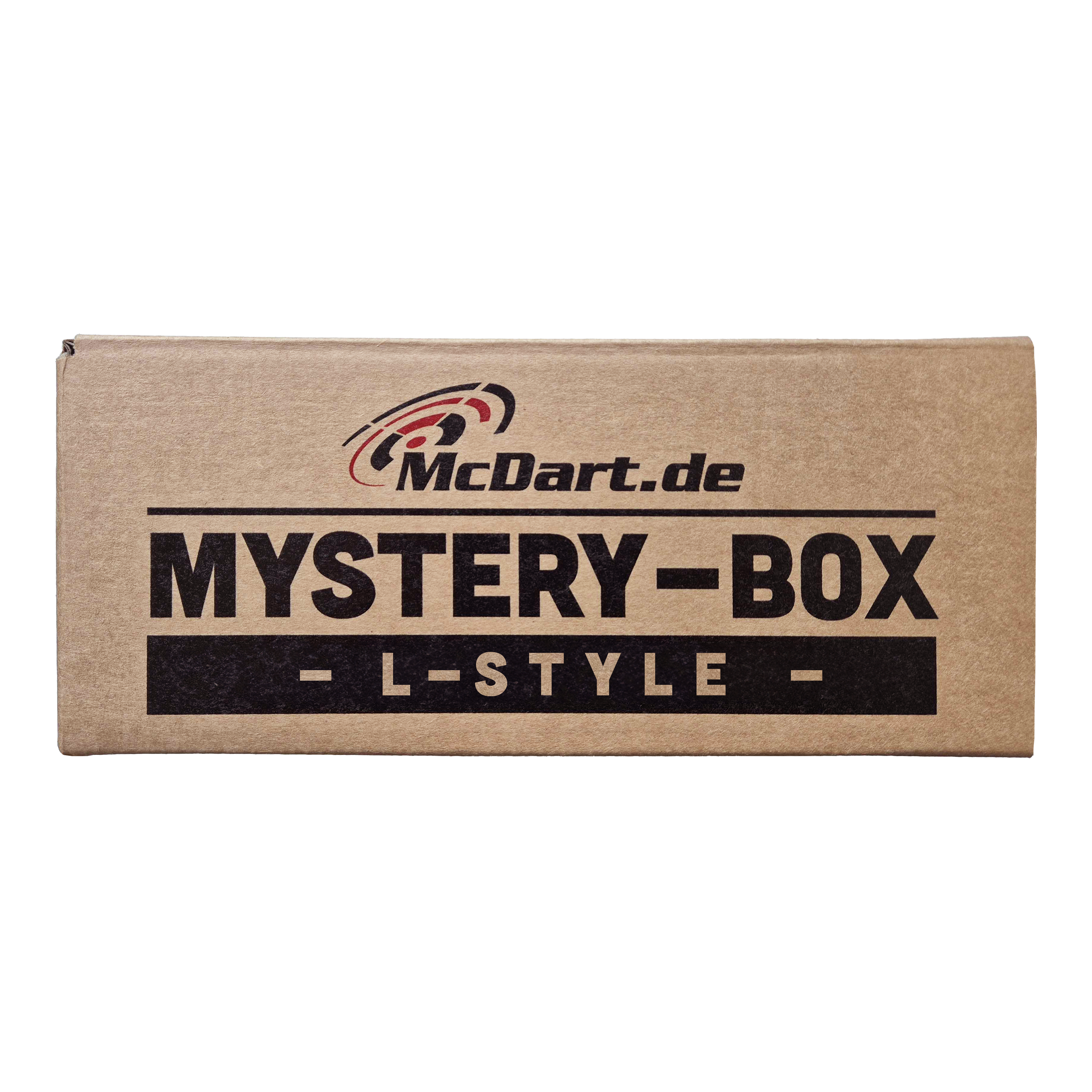 McDart Mystery Box - L-Style Auf dem Bild ist eine braune Box mit der Aufschrift "McDart.de Mystery-Box - L-Style -" zu sehen. Die Box sieht verschlossen aus und weckt Neugier auf den Inhalt.