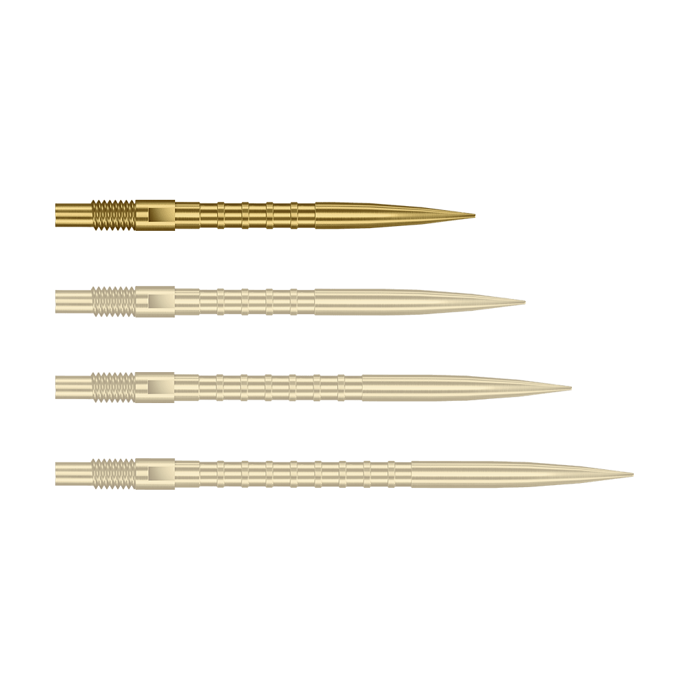 Das Bild zeigt Dartspitzen mit starkem Metallgriff in goldener Farbe und 26mm Länge. Das Produkt ist Harrows Quick Point Heavy Metal Grip Dartspitzen Gold 26mm.