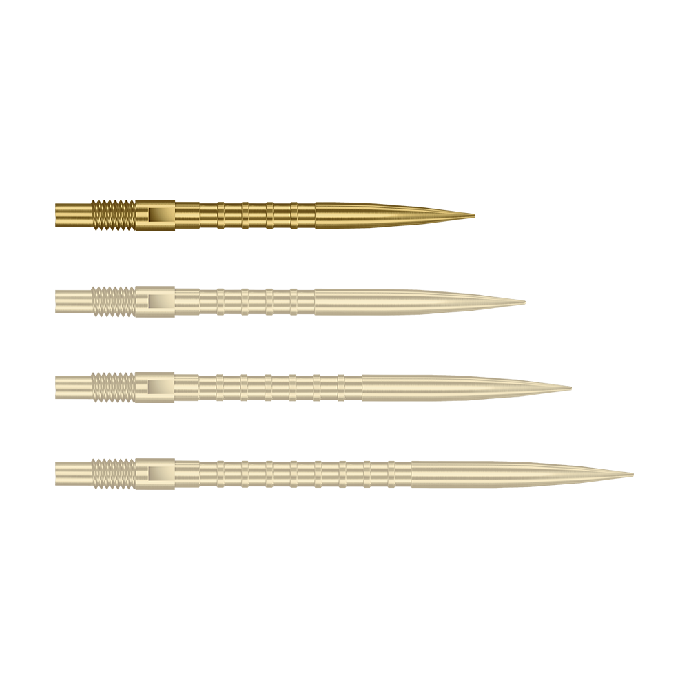 Harrows Quick Point Heavy Metal Dart Tips - Gold Das Bild zeigt Dartspitzen mit starkem Metallgriff in goldener Farbe und 26mm Länge. Das Produkt ist Harrows Quick Point Heavy Metal Grip Dartspitzen Gold 26mm.