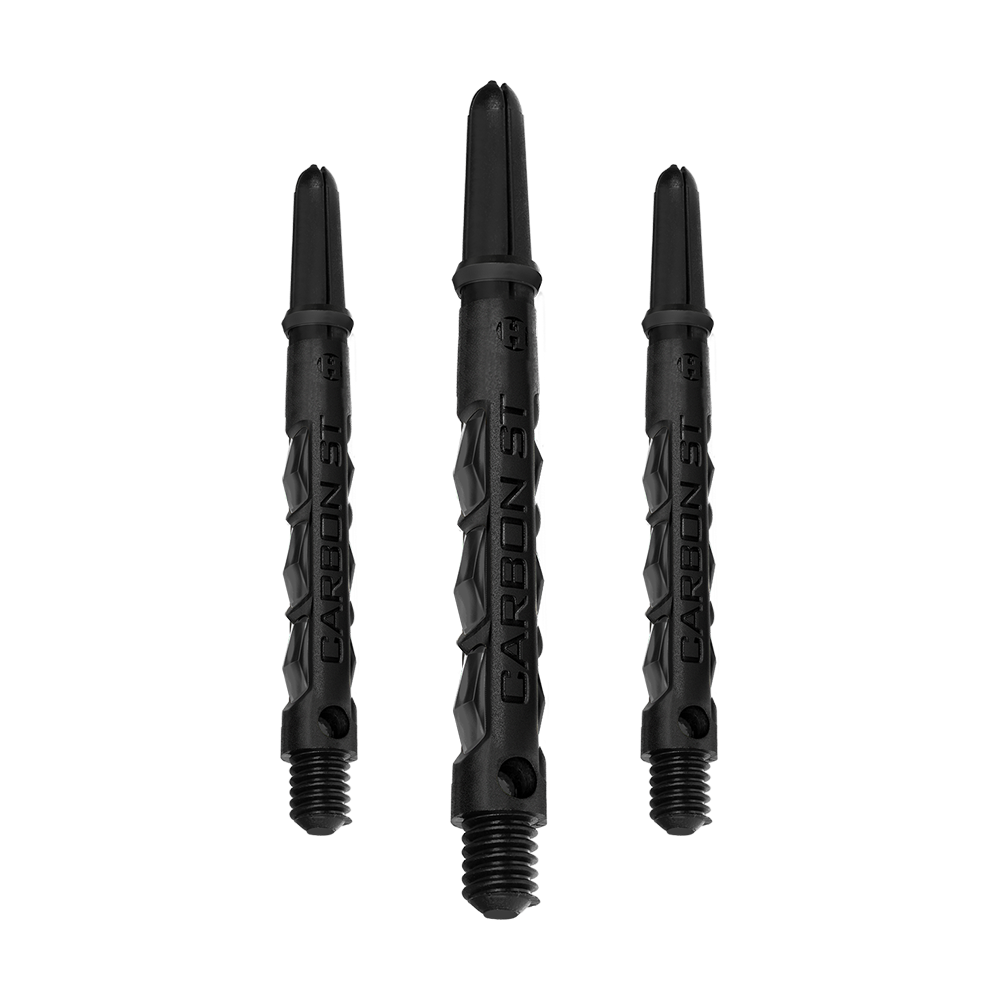 HR436_Harrows_Carbon_ST_Shafts_Schwarz_47mm_1 Das Bild zeigt drei schwarze Harrows Carbon ST Shafts. Sie sind Dartschäfte mit einem modernen, robusten Design.